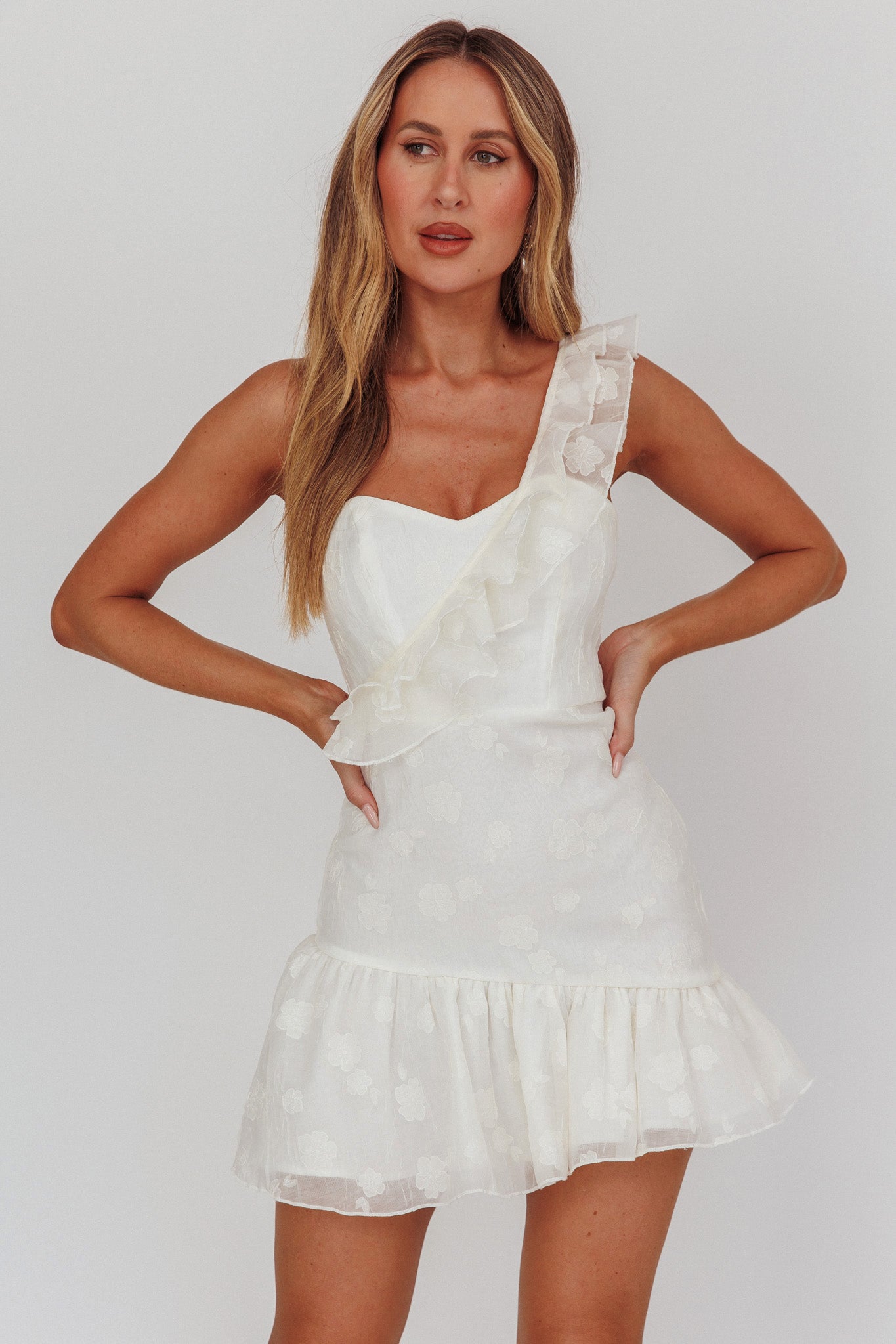 Minka One-Shoulder Ruffle Mini Dress Off White-Maymioy
