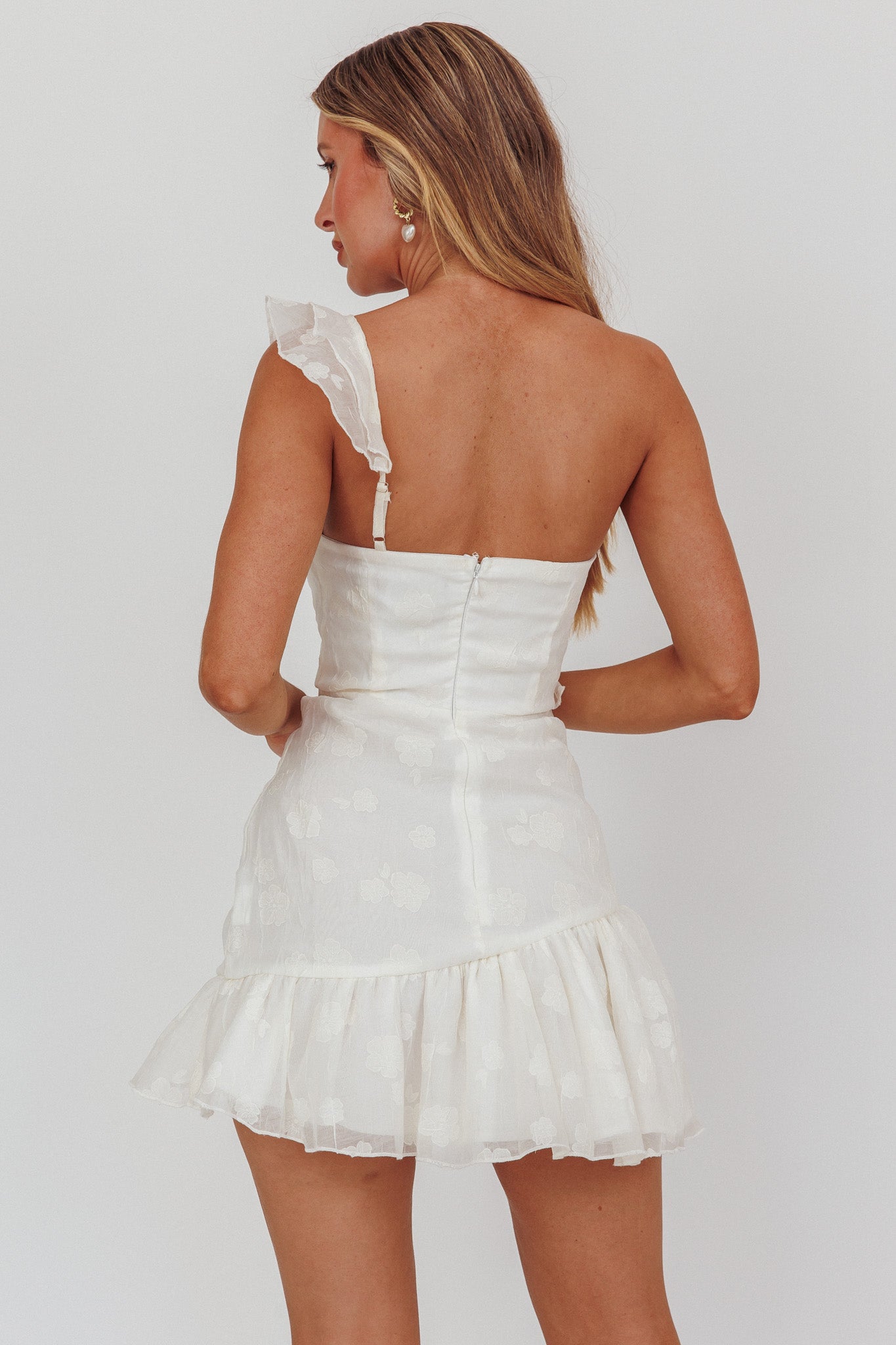 Minka One-Shoulder Ruffle Mini Dress Off White-Maymioy