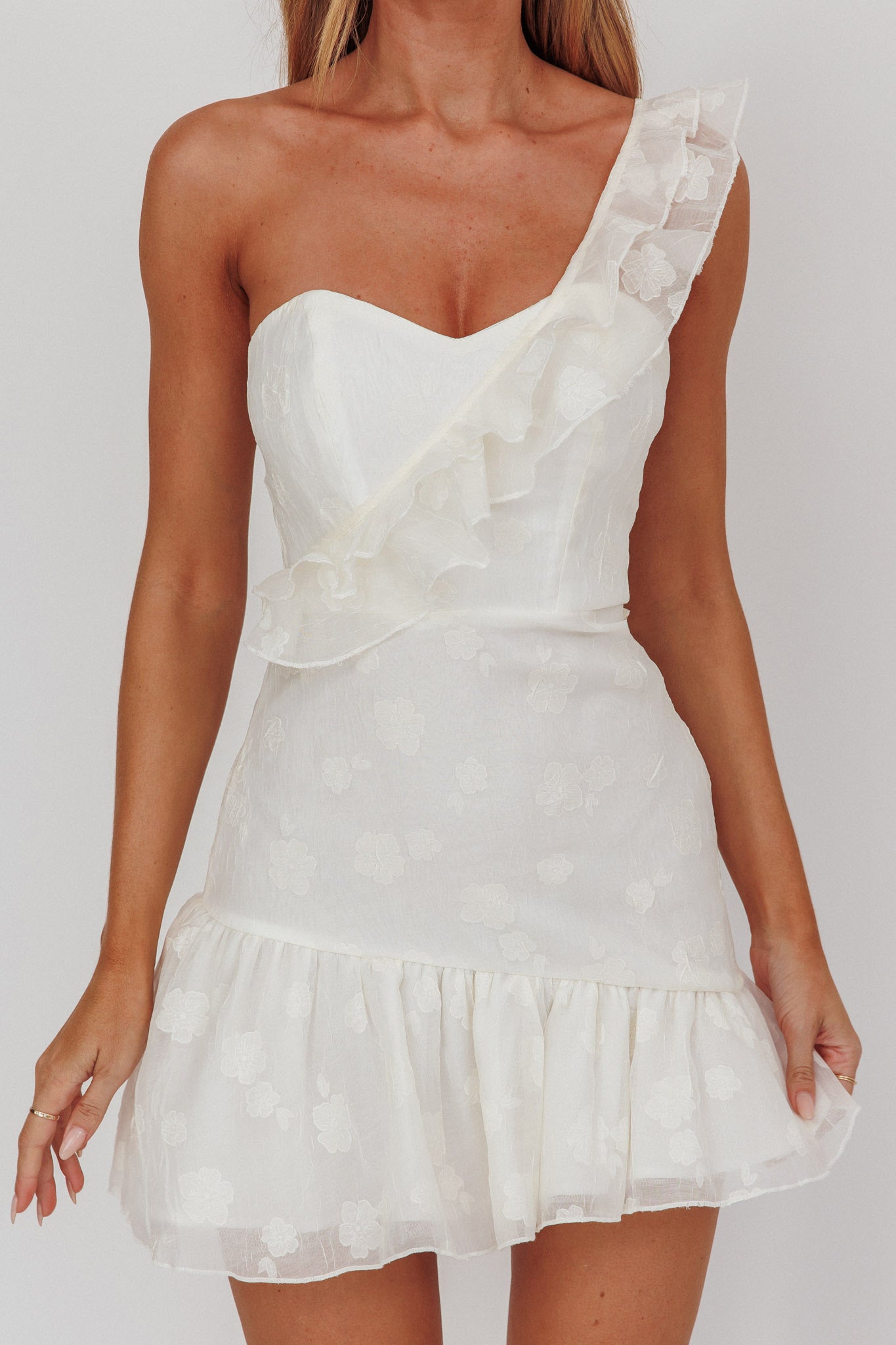 Minka One-Shoulder Ruffle Mini Dress Off White-Maymioy