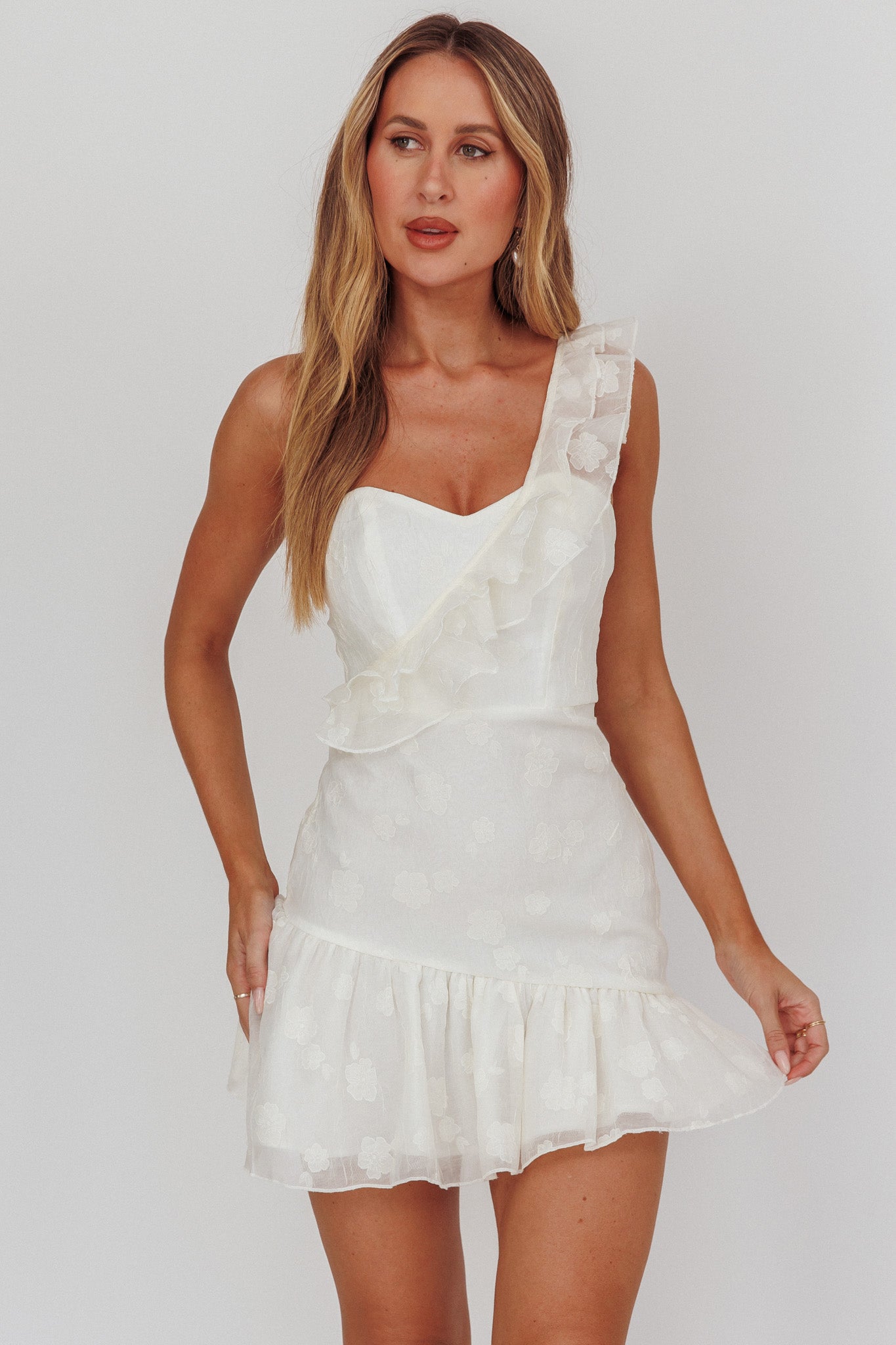 Minka One-Shoulder Ruffle Mini Dress Off White-Maymioy