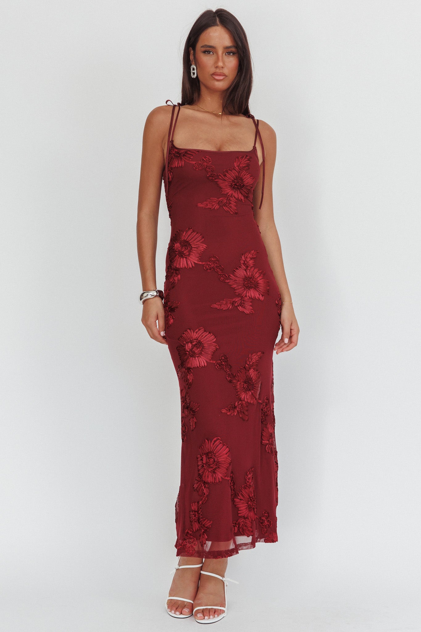 Kaela Tied Shoulder Maxi Dress Embellished Wine-Maymioy