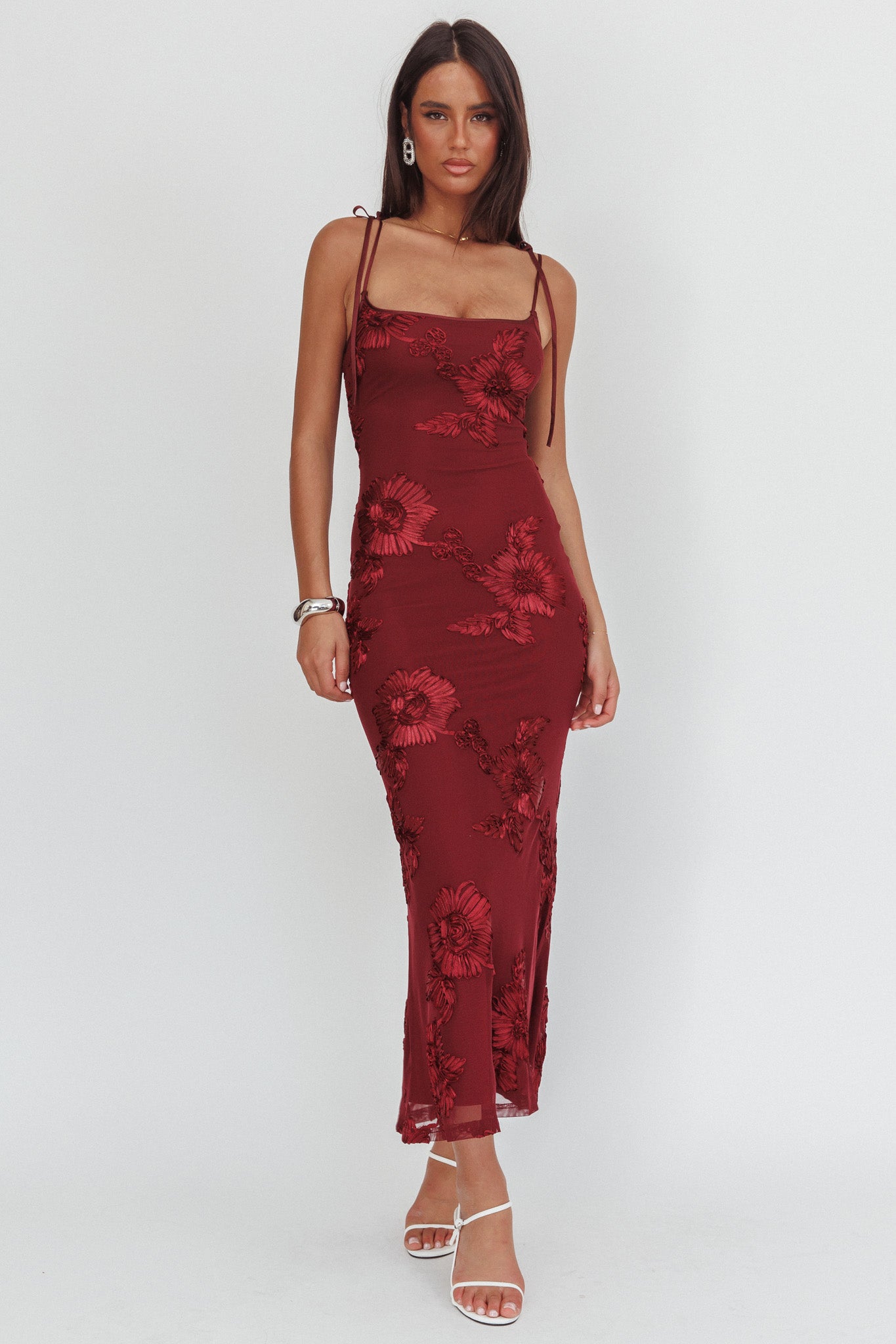 Kaela Tied Shoulder Maxi Dress Embellished Wine-Maymioy