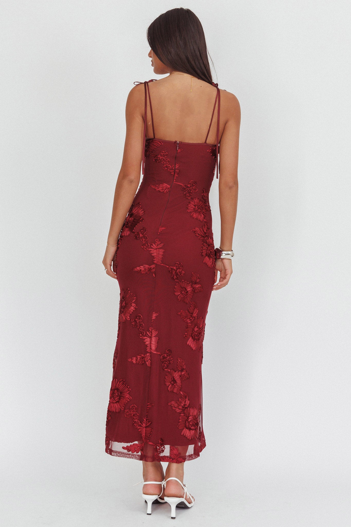Kaela Tied Shoulder Maxi Dress Embellished Wine-Maymioy