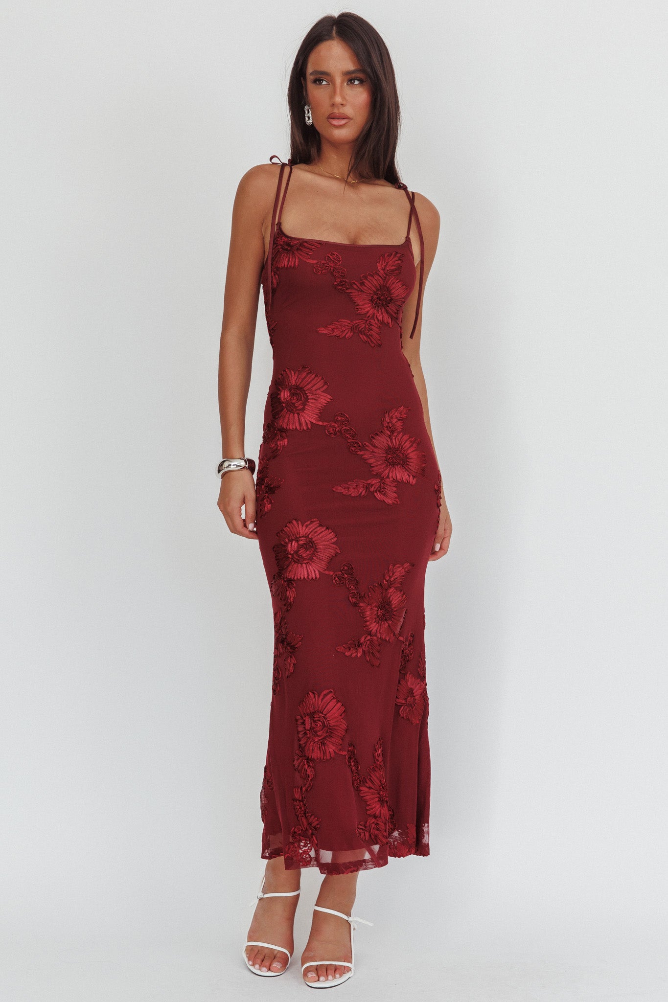 Kaela Tied Shoulder Maxi Dress Embellished Wine-Maymioy