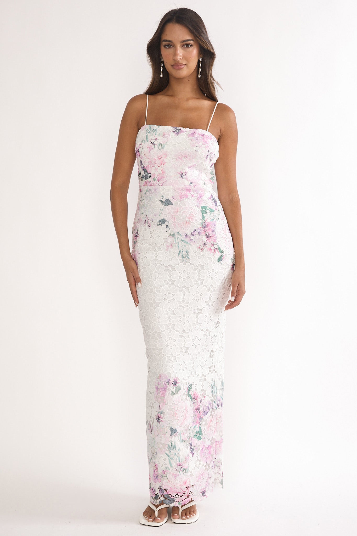 Kaela Crochet Overlay Maxi Dress Floral Pink-Maymioy