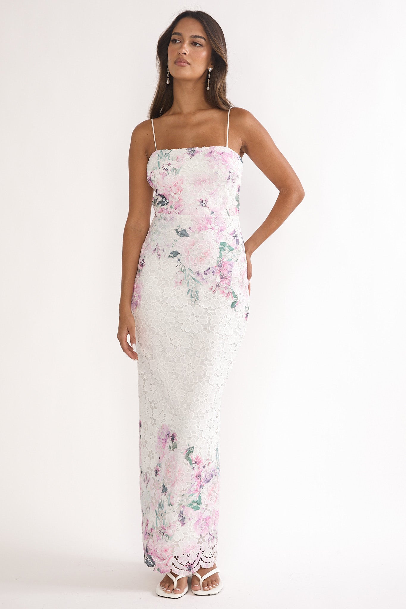 Kaela Crochet Overlay Maxi Dress Floral Pink-Maymioy