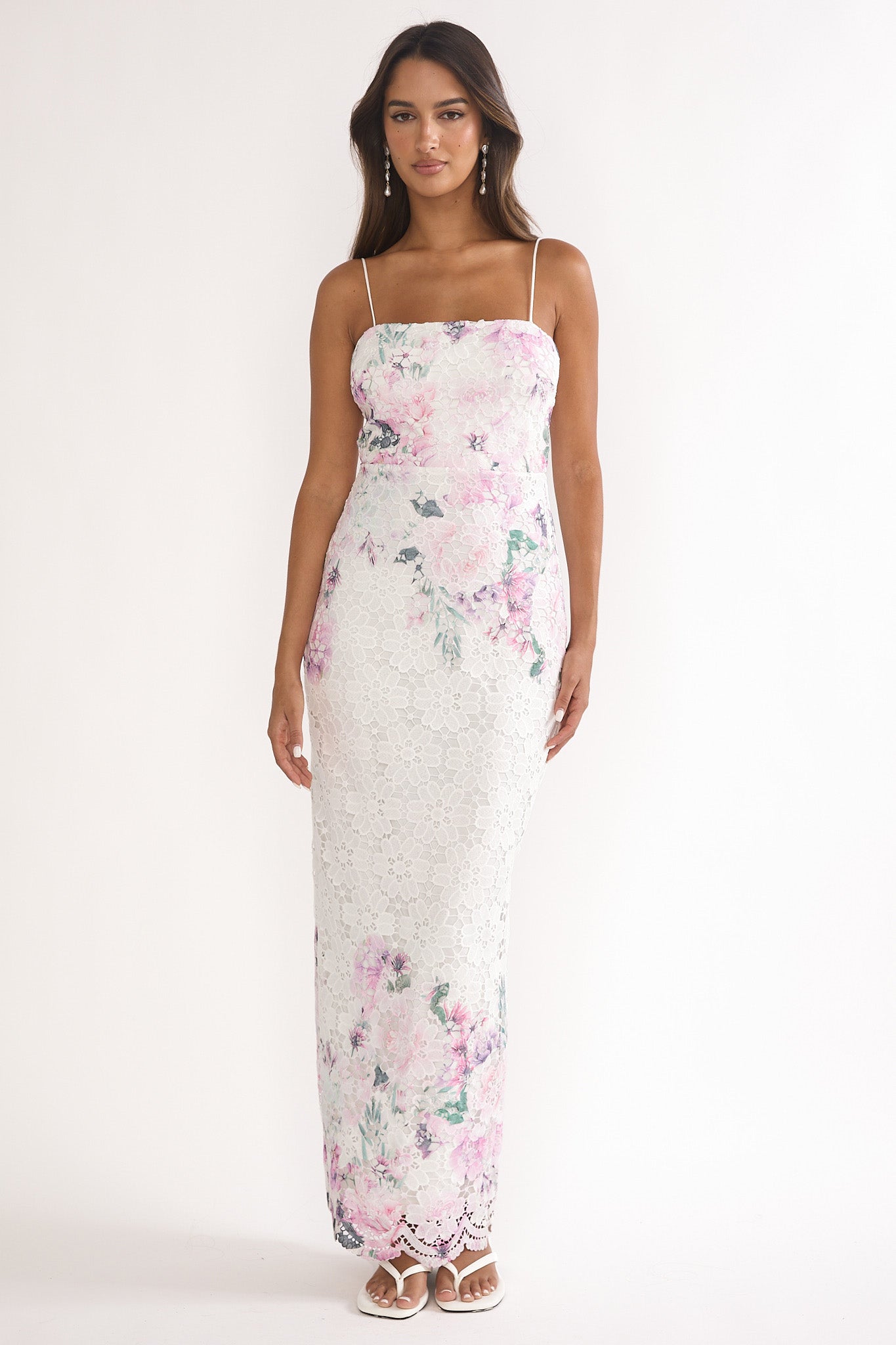 Kaela Crochet Overlay Maxi Dress Floral Pink-Maymioy