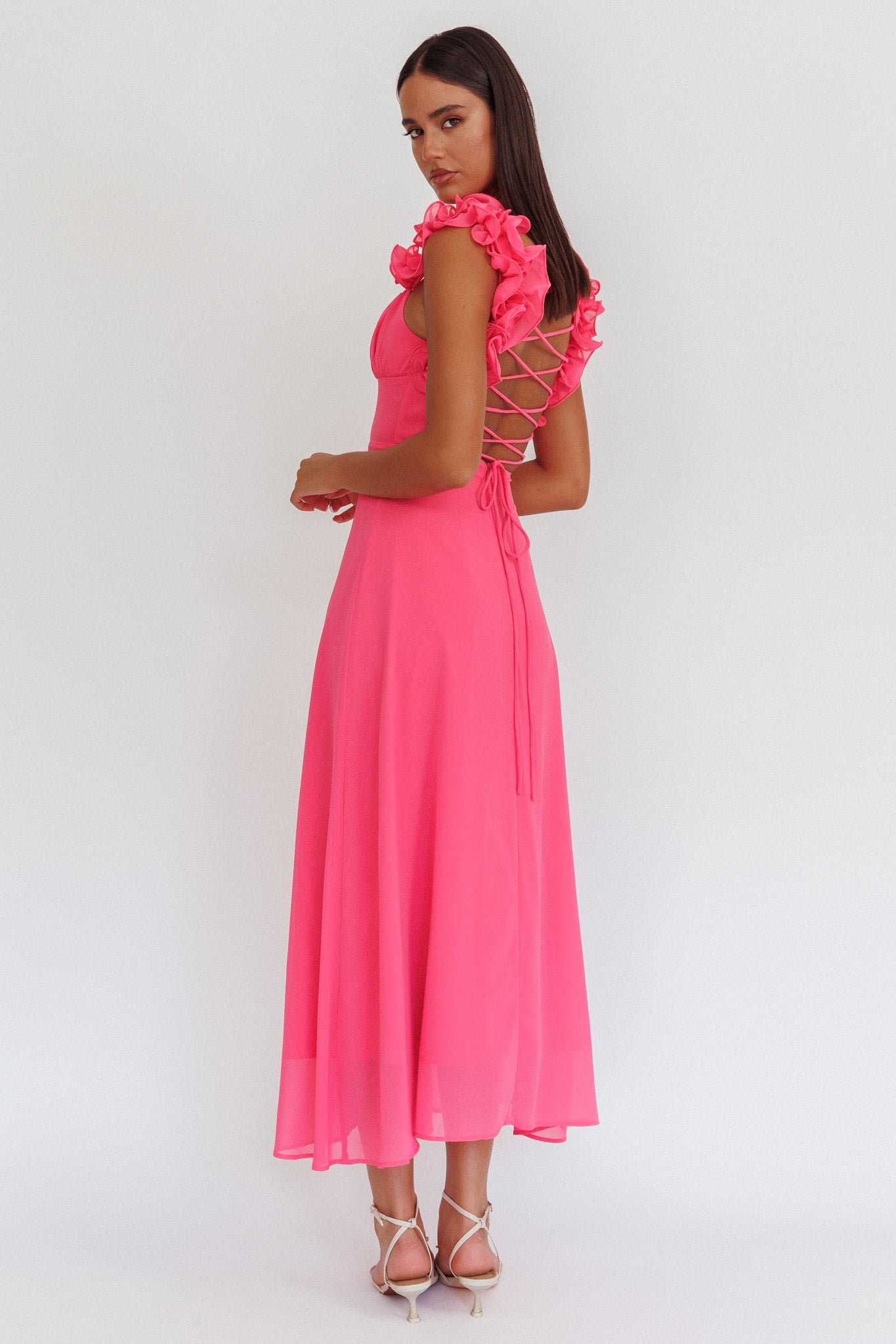 Eloquent Lace-Up Back Maxi Dress Hot Pink-Maymioy