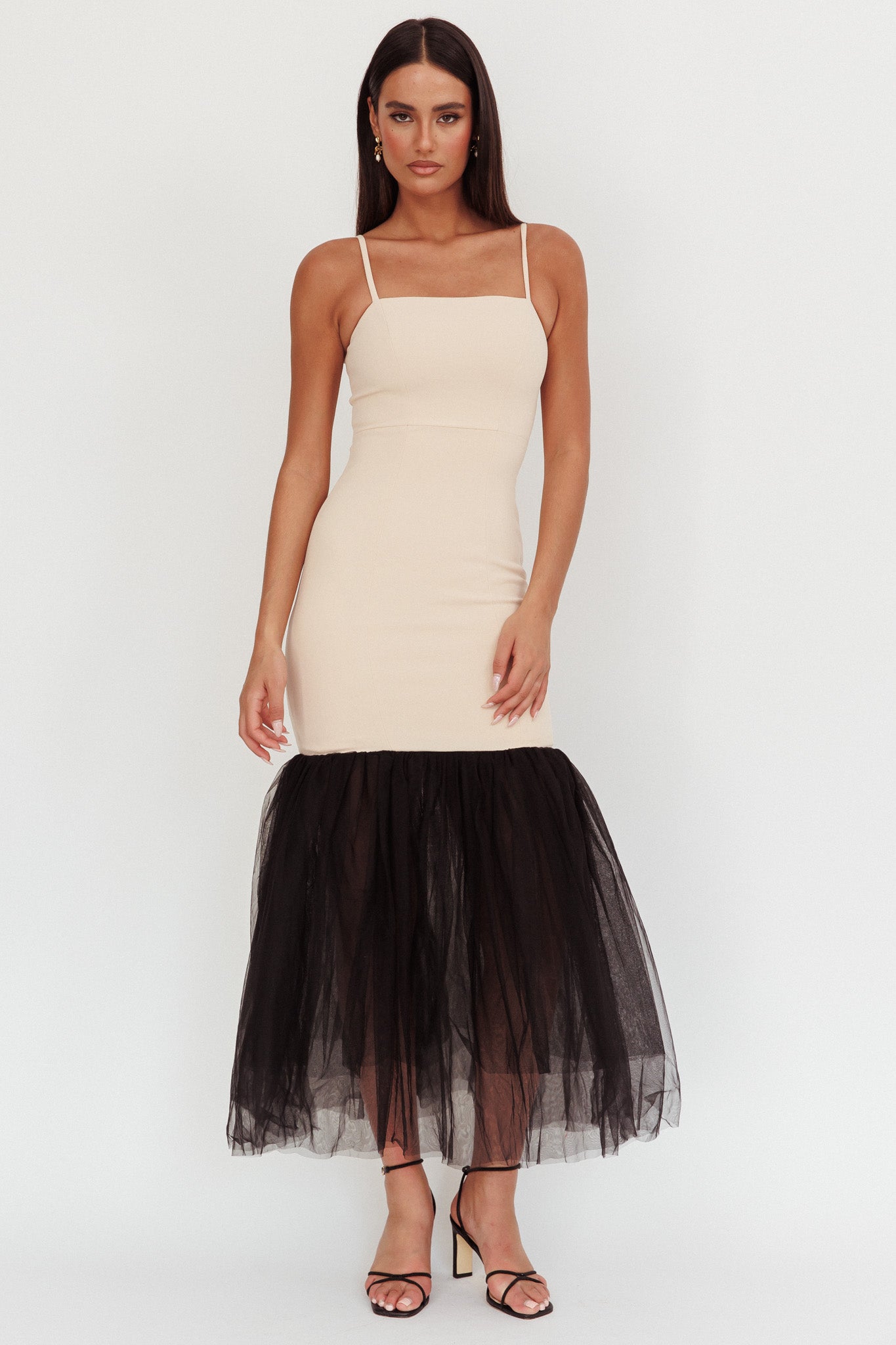 Tomie Tulle Hem Maxi Dress Beige Combo-Maymioy