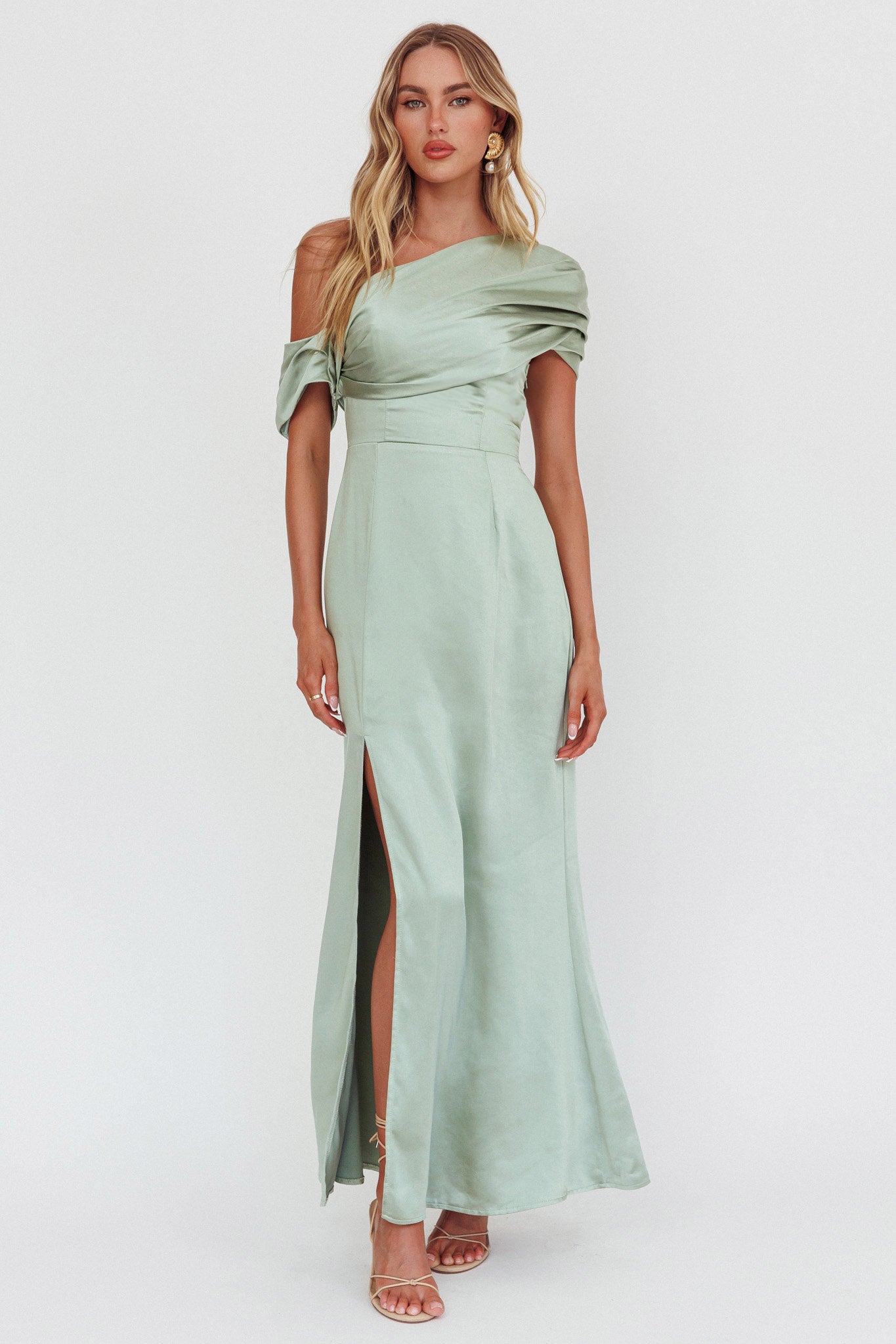 Bellissima Asymmetric Shoulder Maxi Dress Sage-Maymioy