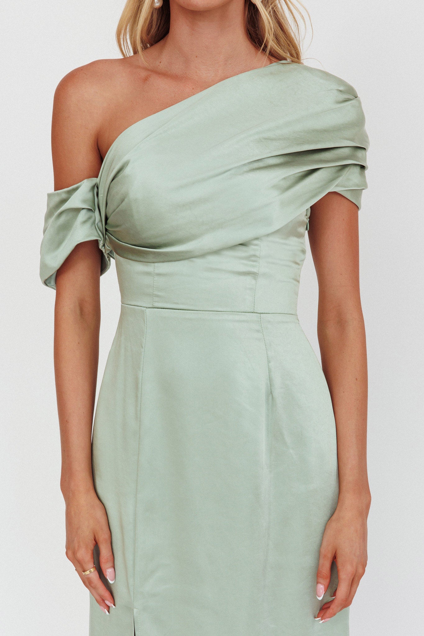 Bellissima Asymmetric Shoulder Maxi Dress Sage-Maymioy