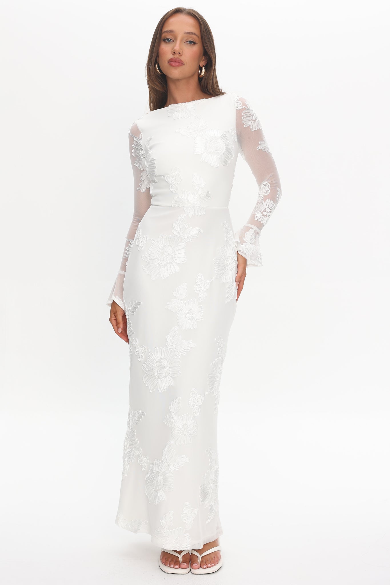 Helsi Long Sleeve Embellished Maxi Dress White-Maymioy