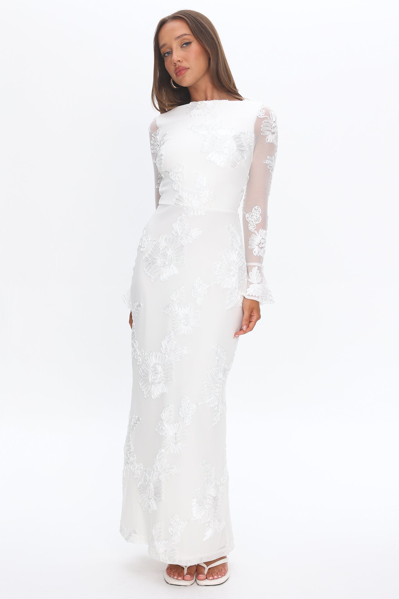 Helsi Long Sleeve Embellished Maxi Dress White-Maymioy