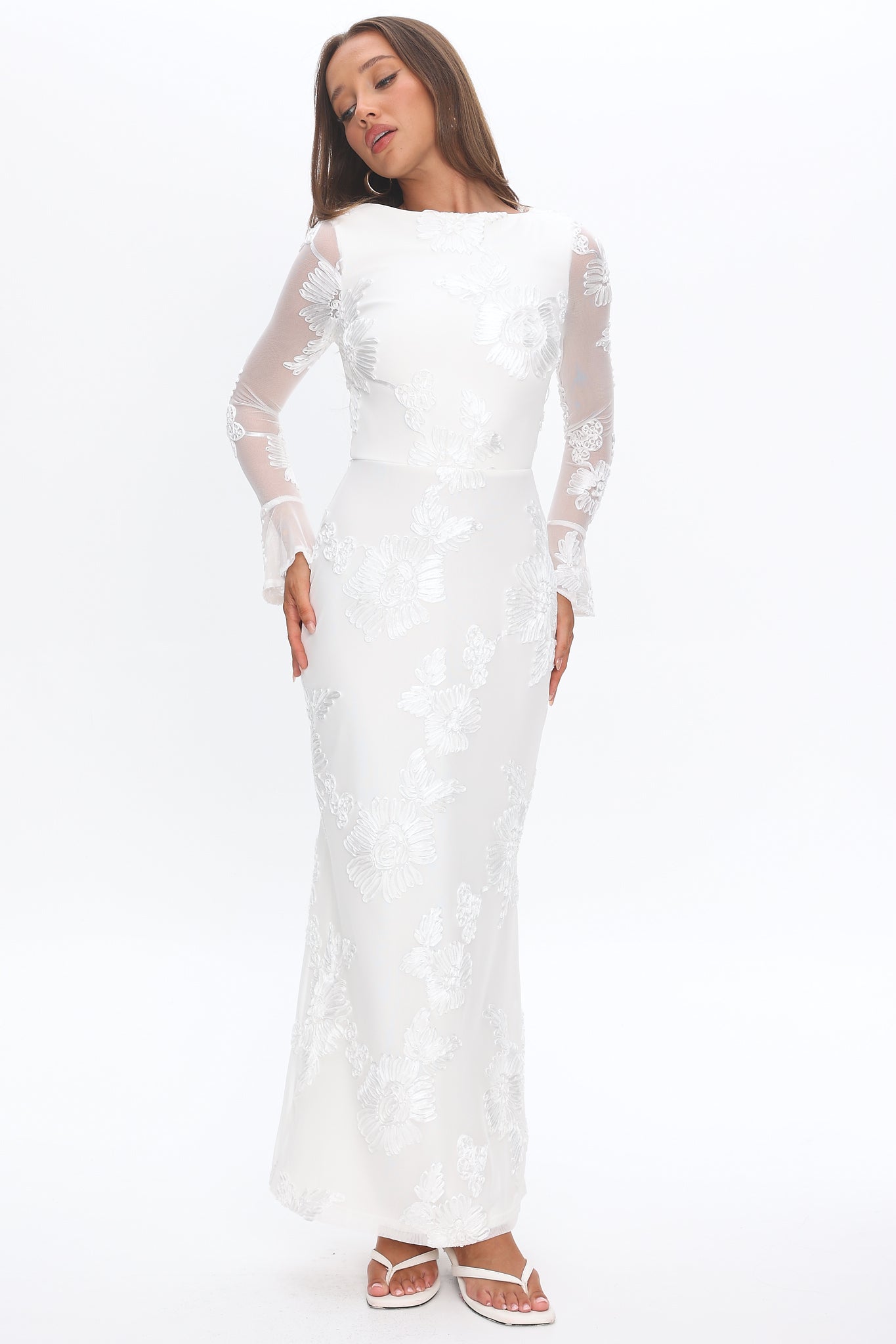 Helsi Long Sleeve Embellished Maxi Dress White-Maymioy