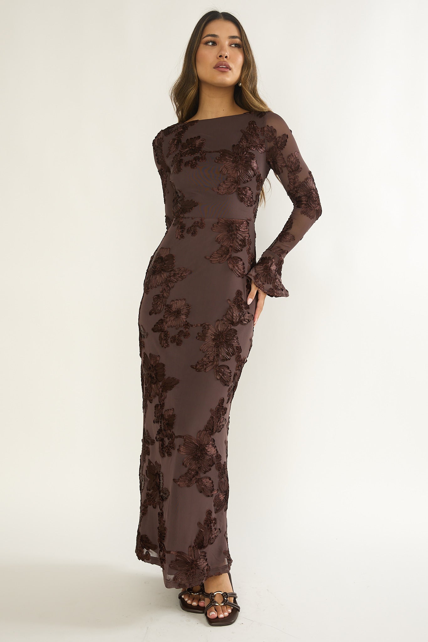 Helsi Long Sleeve Embellished Maxi Dress Brown-Maymioy