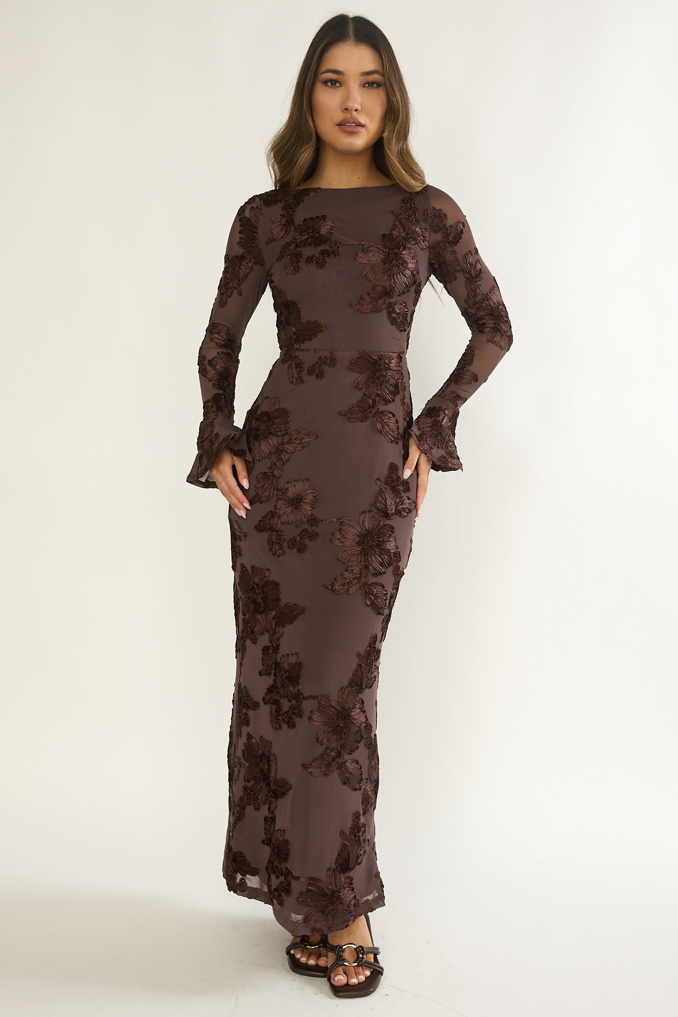Helsi Long Sleeve Embellished Maxi Dress Brown-Maymioy