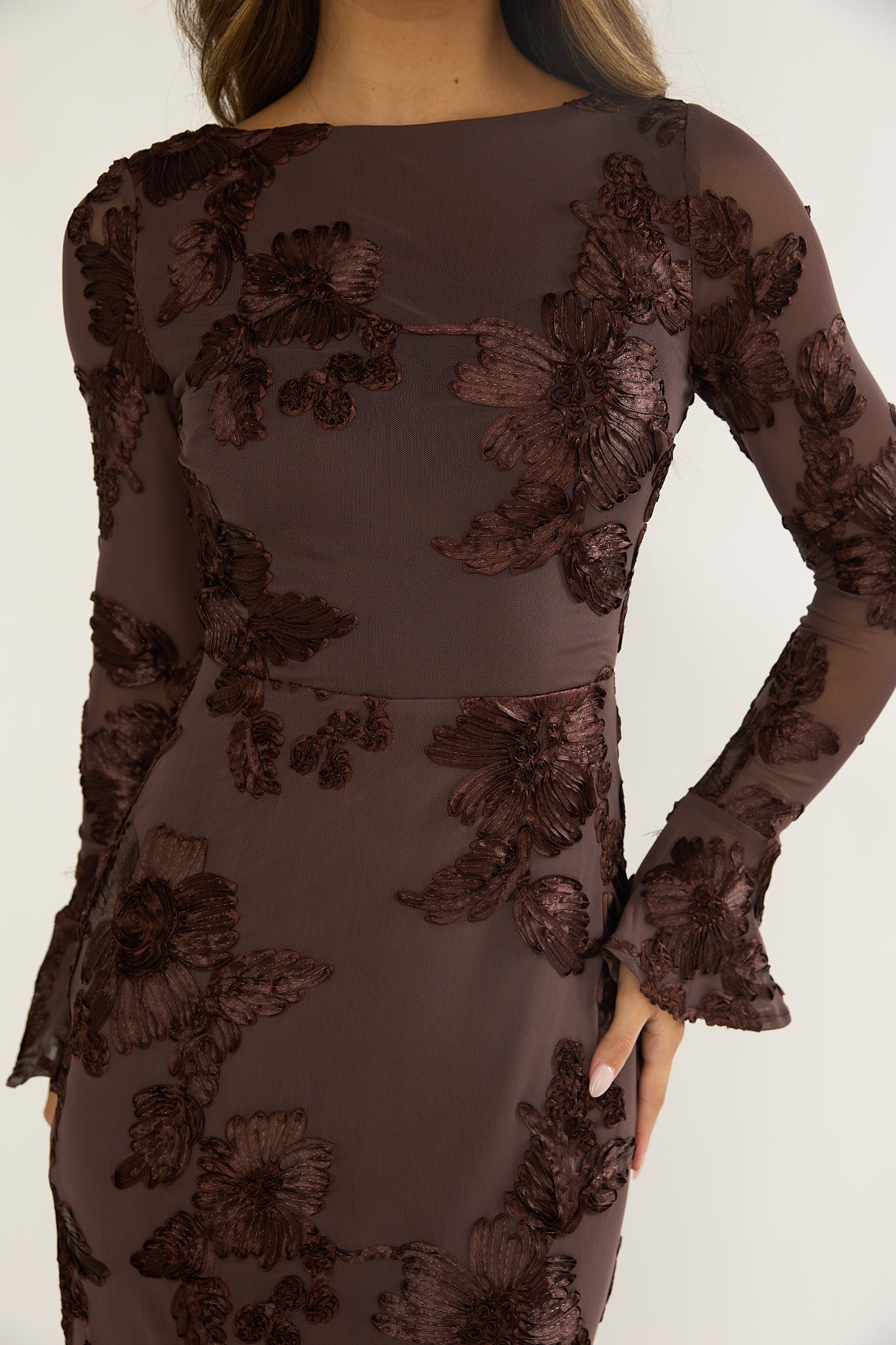 Helsi Long Sleeve Embellished Maxi Dress Brown-Maymioy