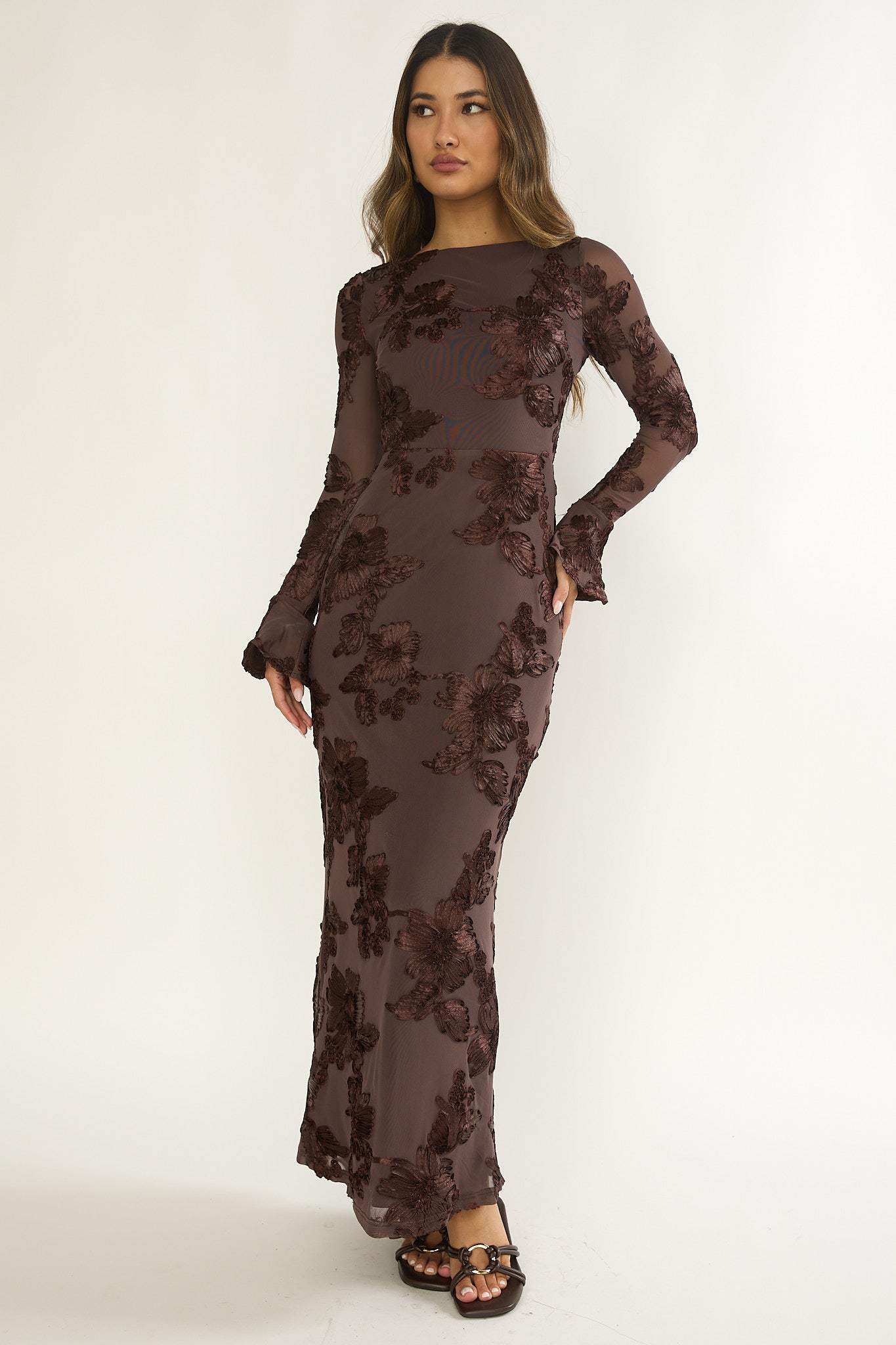 Helsi Long Sleeve Embellished Maxi Dress Brown-Maymioy