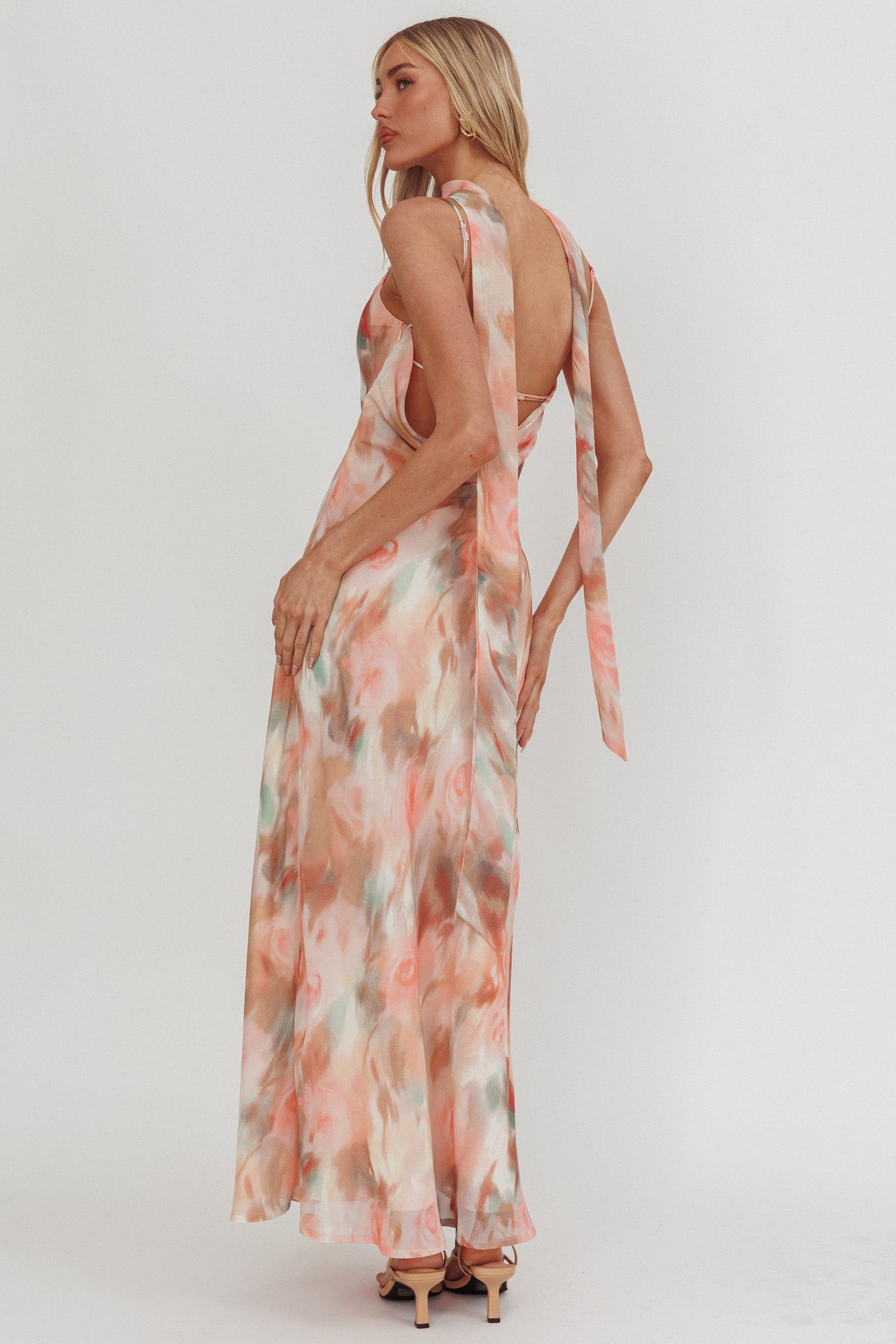 Helsi Cowl Back Maxi Dress Print Pink-Maymioy