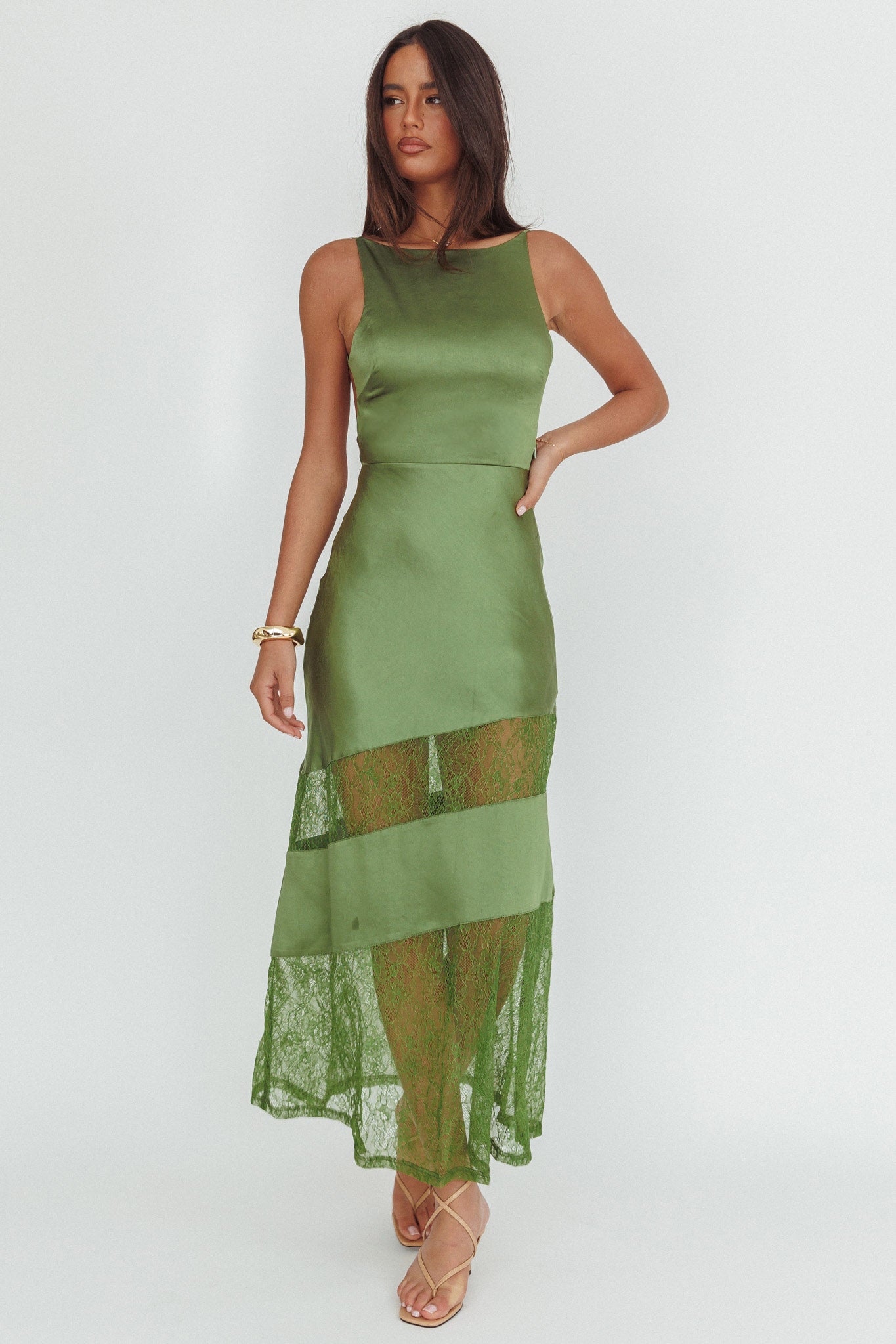 Helsi Low Back Lace Insert Maxi Dress Forest Green-Maymioy