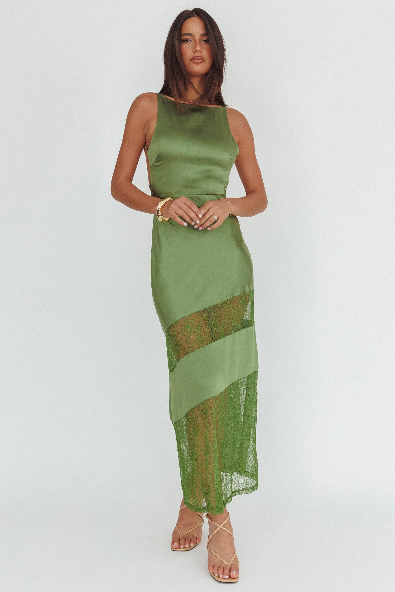 Helsi Low Back Lace Insert Maxi Dress Forest Green-Maymioy