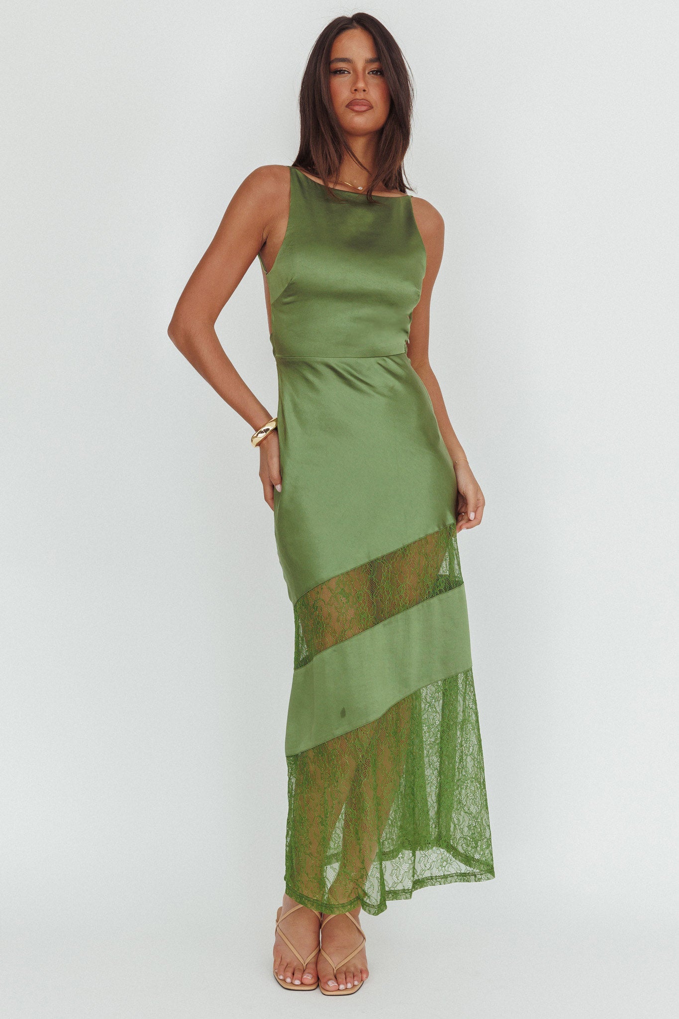 Helsi Low Back Lace Insert Maxi Dress Forest Green-Maymioy