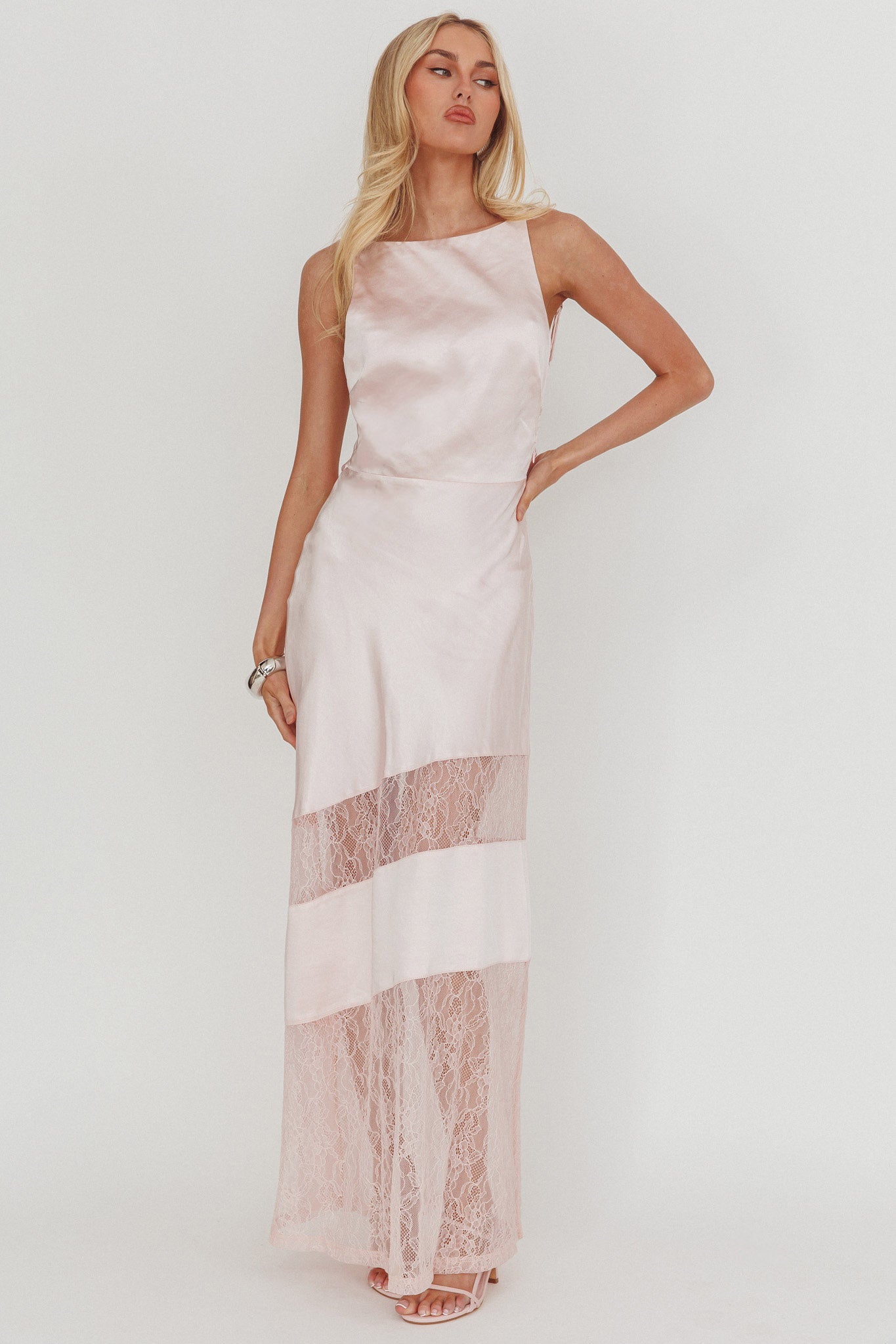 Helsi Low Back Lace Insert Maxi Dress Pink-Maymioy