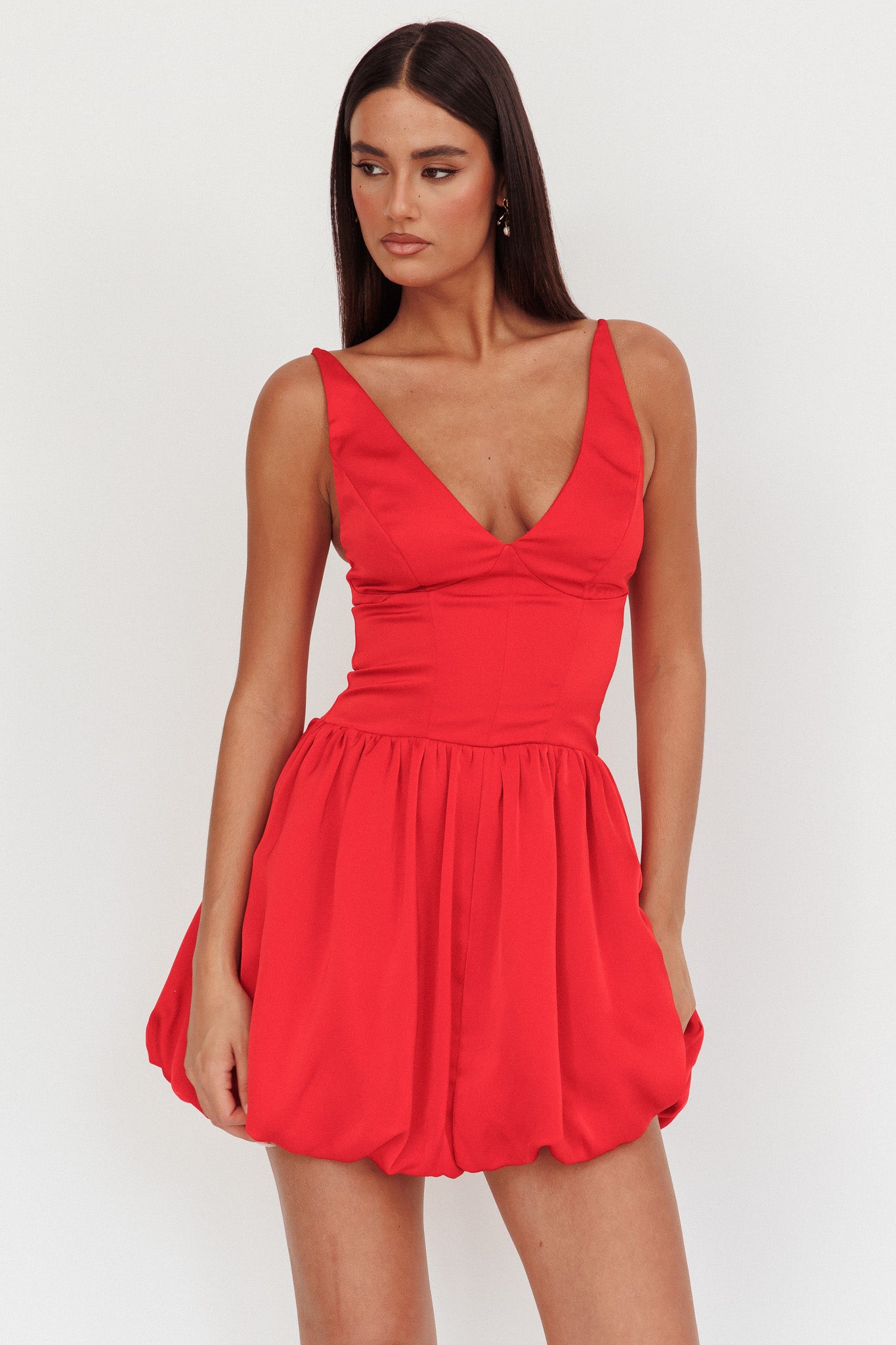 Eye Catching Balloon Skirt Mini Dress Red-Maymioy