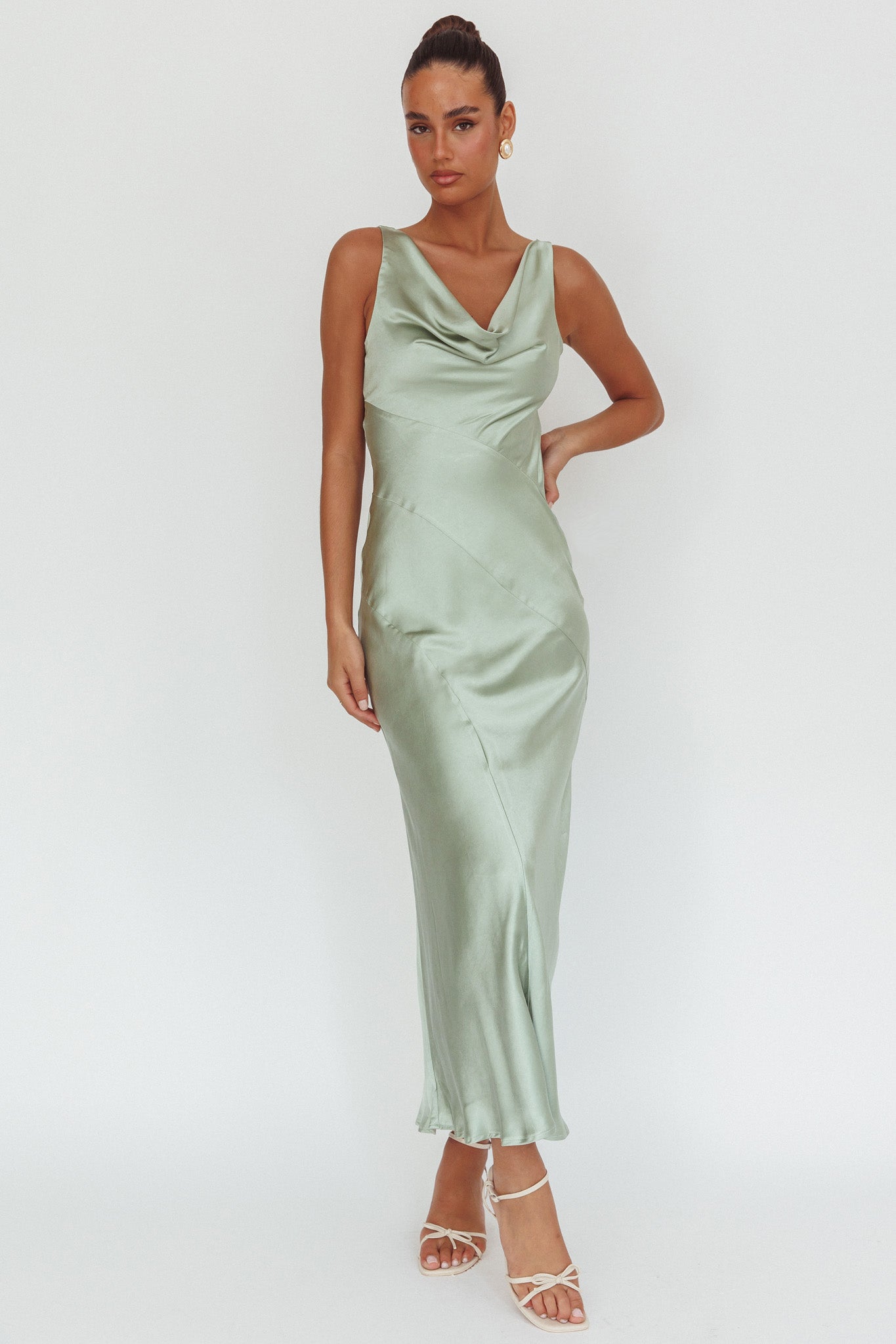 Good Intentions Cowl Neck Open Back Maxi Dress Sage-Maymioy