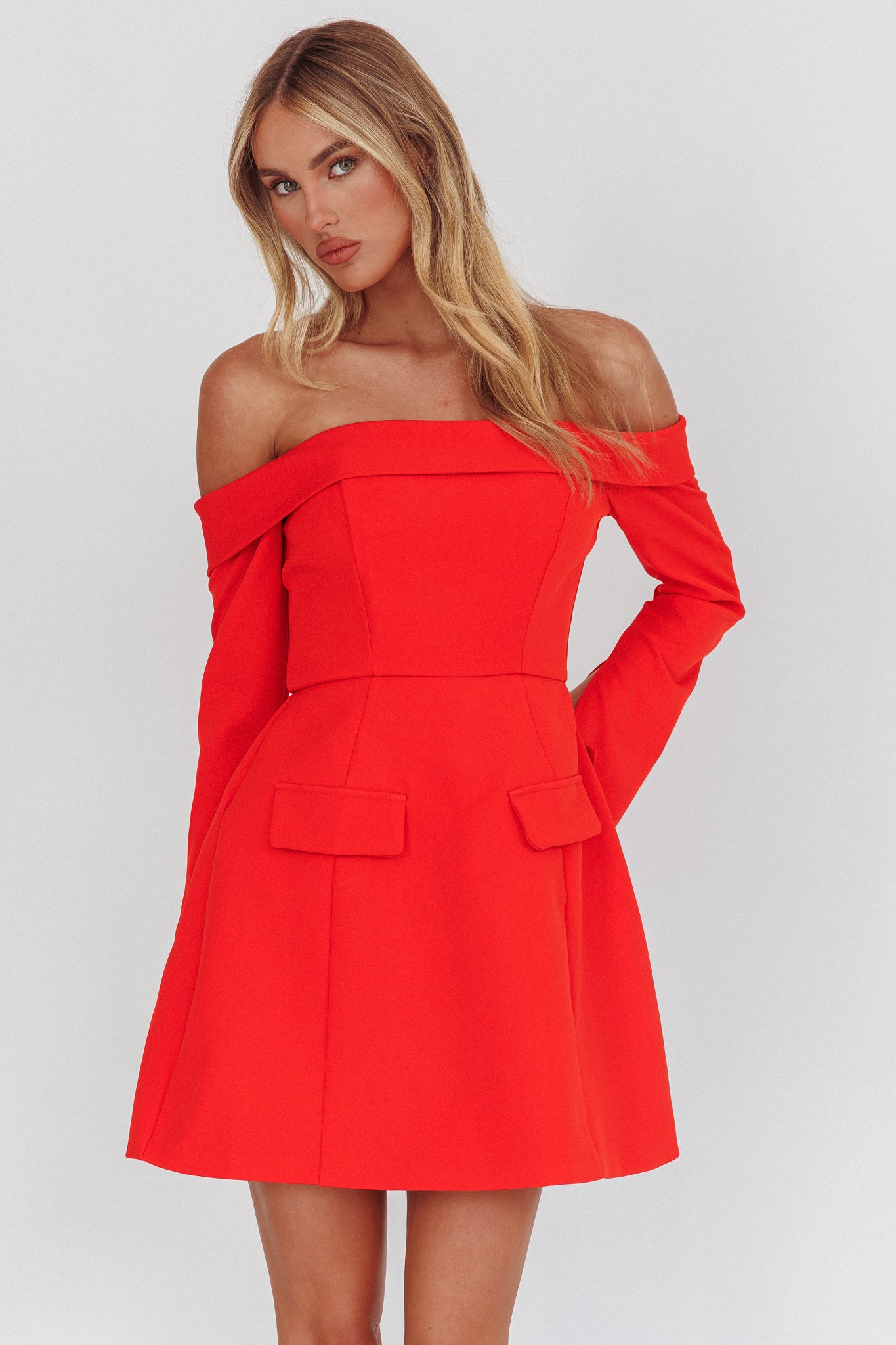 Laviniah Foldover Long Sleeve Mini Dress Red-Maymioy