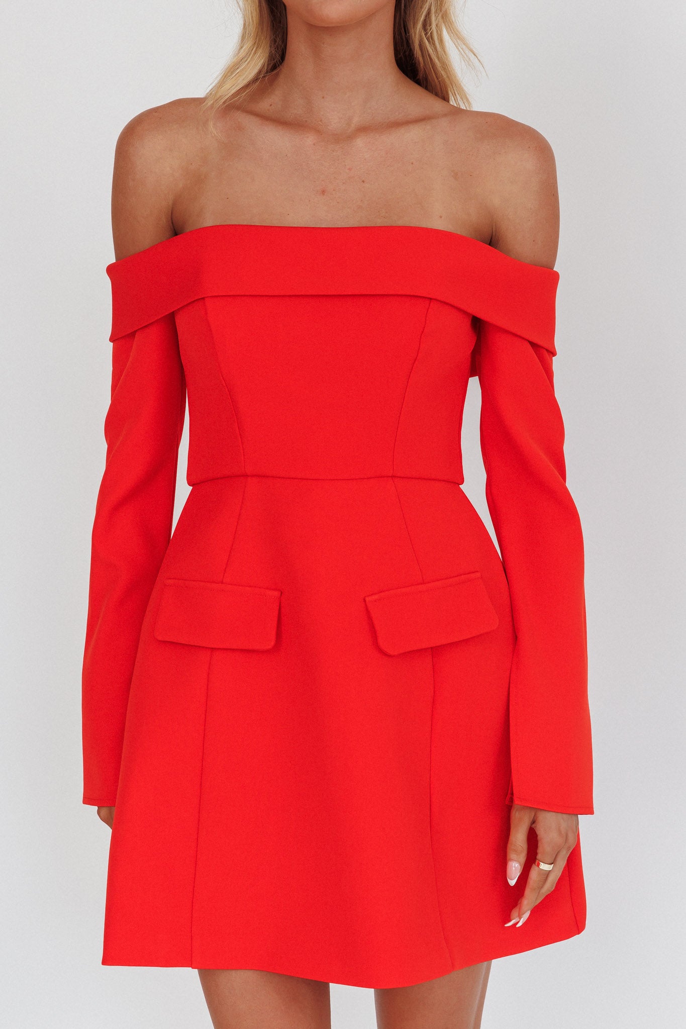 Laviniah Foldover Long Sleeve Mini Dress Red-Maymioy