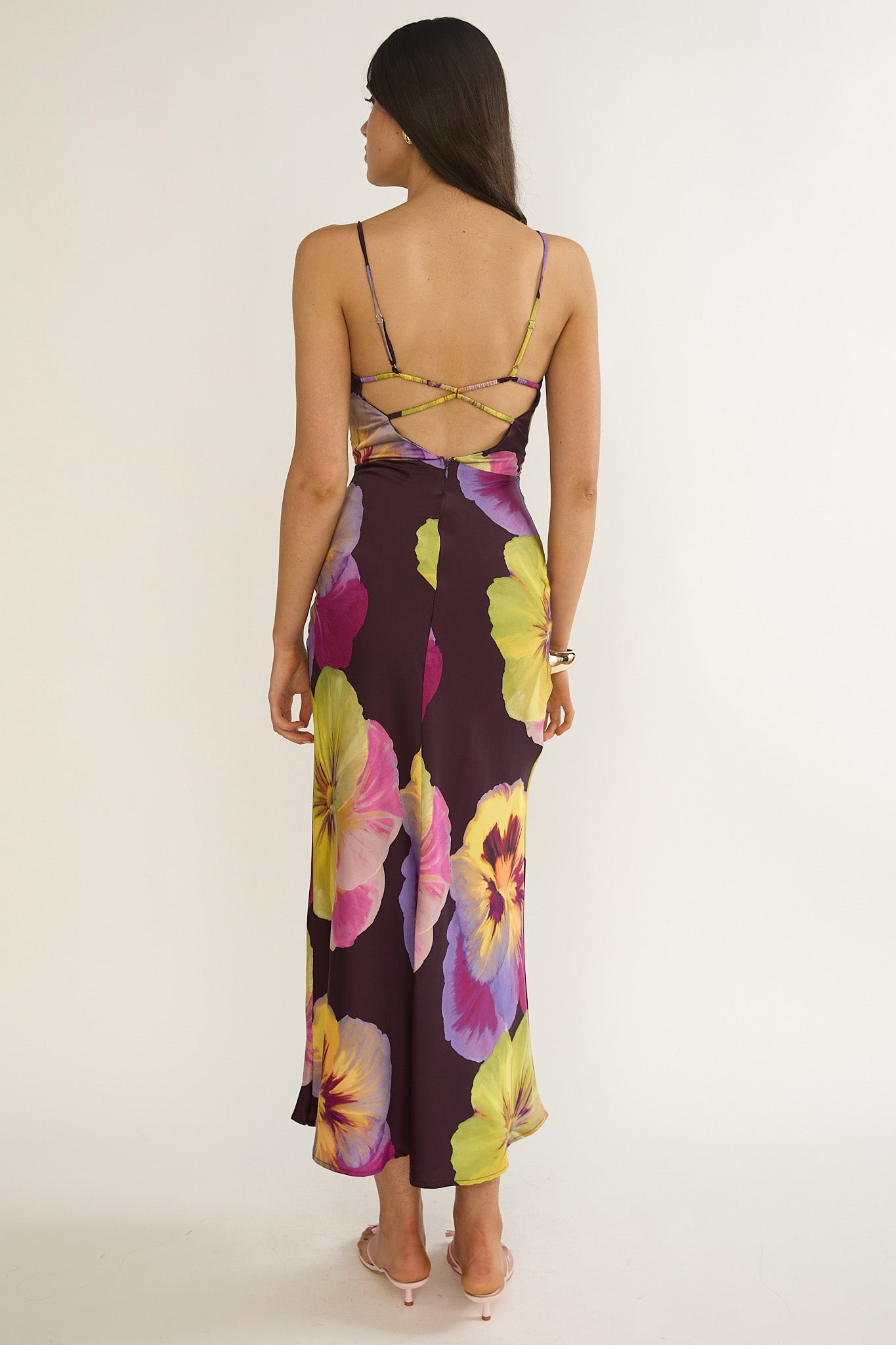 Floating Strappy Low Back Maxi Dress Pansies Plum-Maymioy