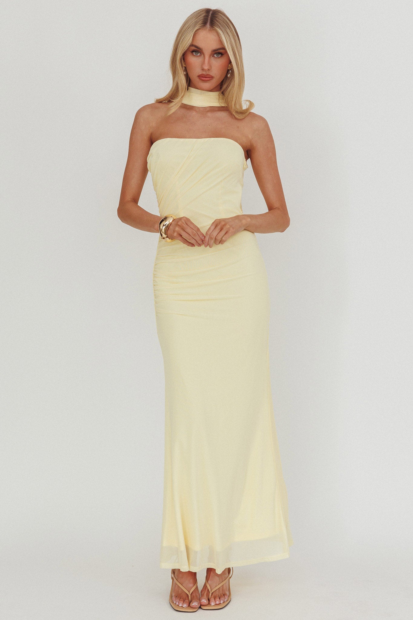 Truth Be Told Reverse Halter Maxi Dress Butter-Maymioy