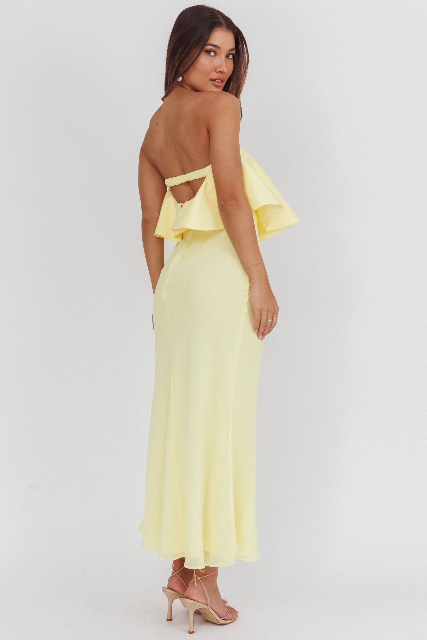 Nerina Strapless Ruffle Neckline Maxi Dress Panna Cotta-Maymioy