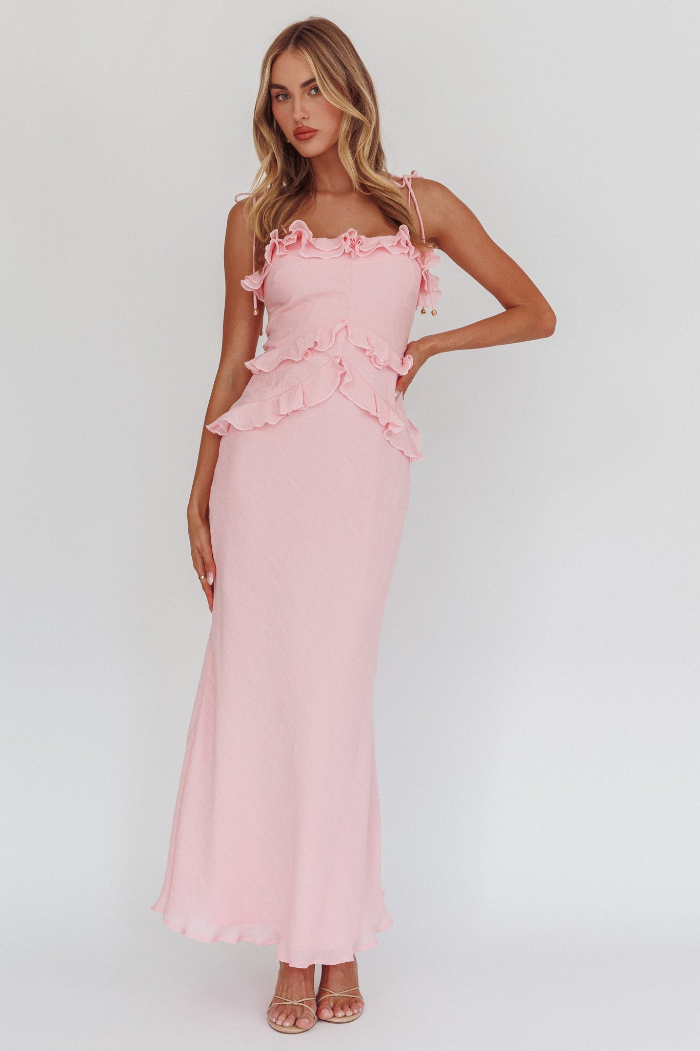 On A Roll Frill Trim Maxi Dress Pink-Maymioy