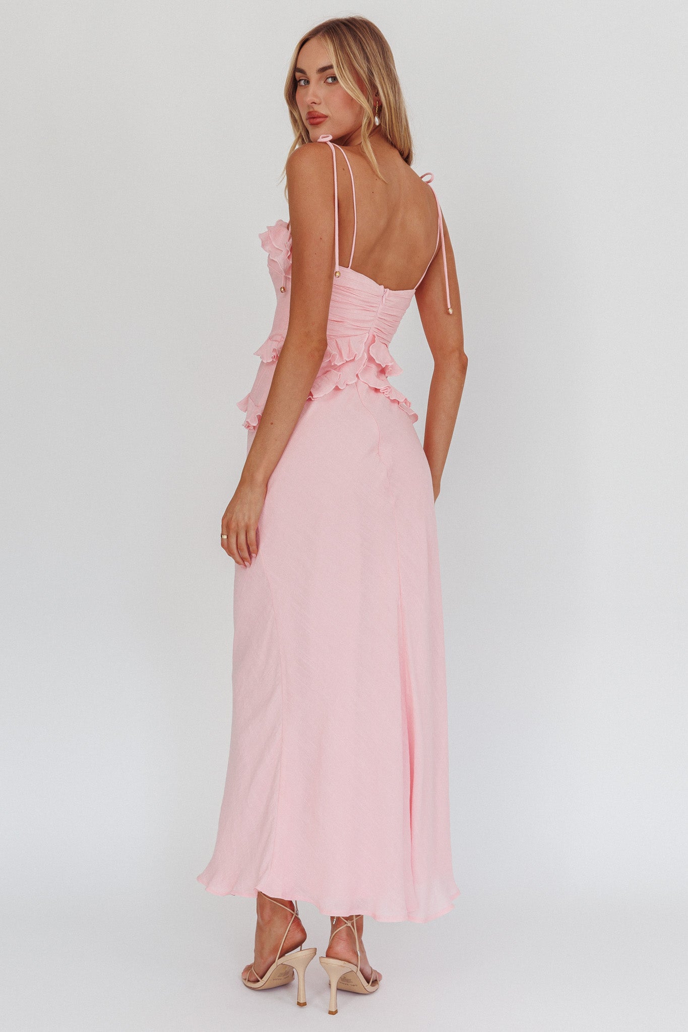 On A Roll Frill Trim Maxi Dress Pink-Maymioy