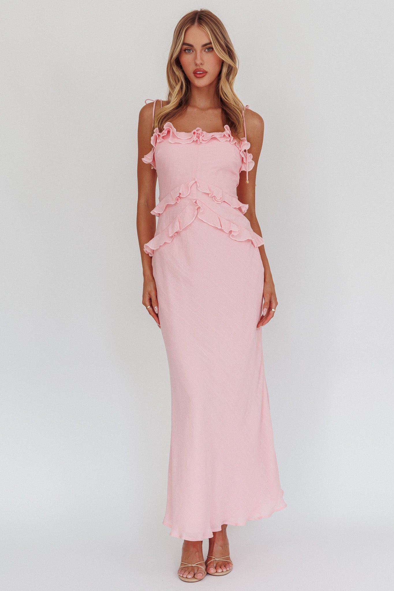 On A Roll Frill Trim Maxi Dress Pink-Maymioy
