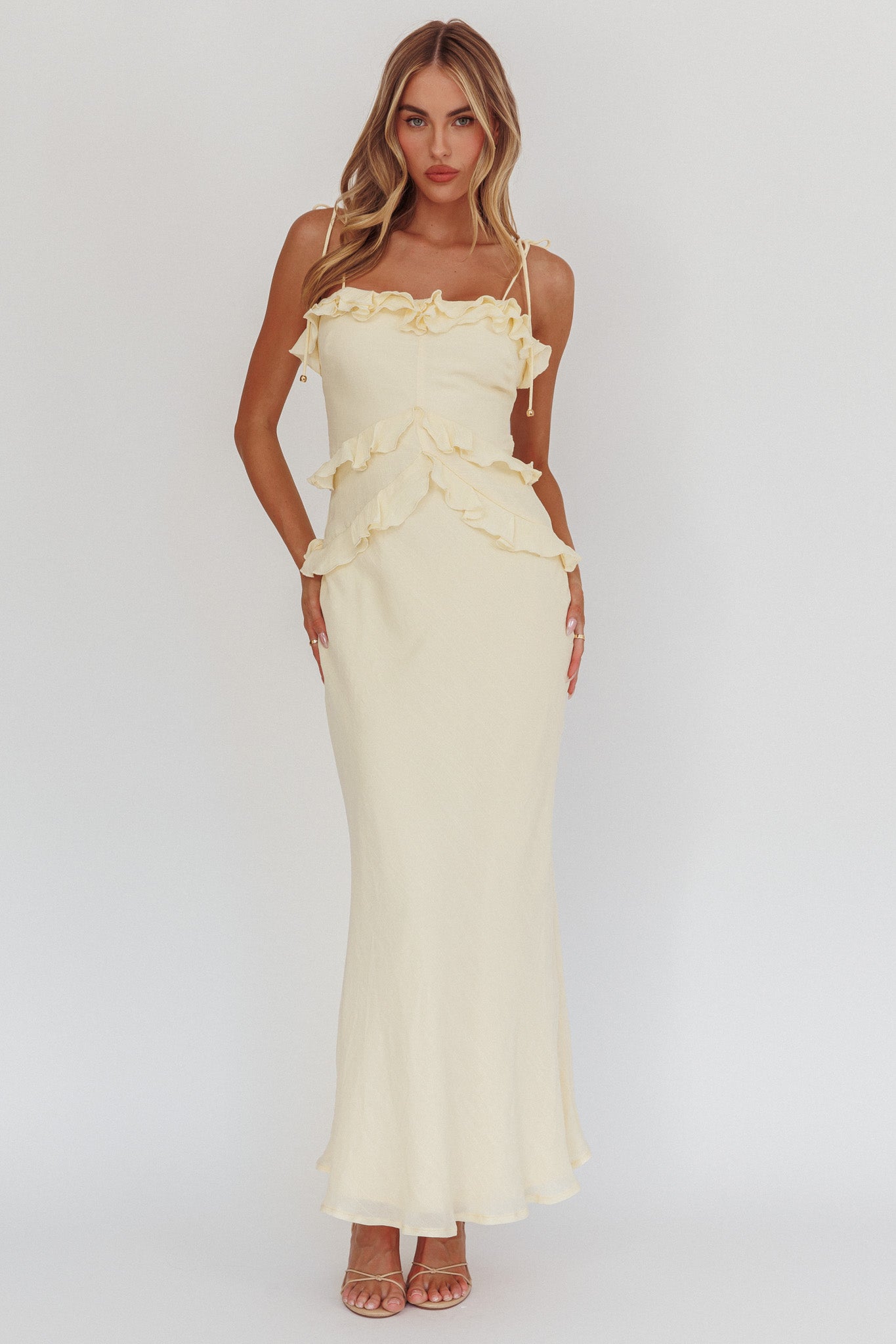 On A Roll Frill Trim Maxi Dress Yellow-Maymioy
