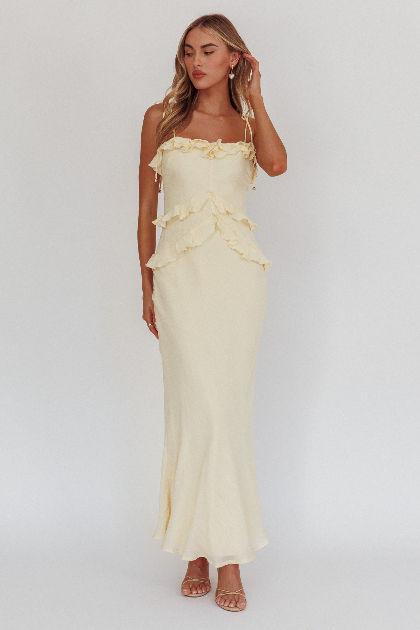 On A Roll Frill Trim Maxi Dress Yellow-Maymioy