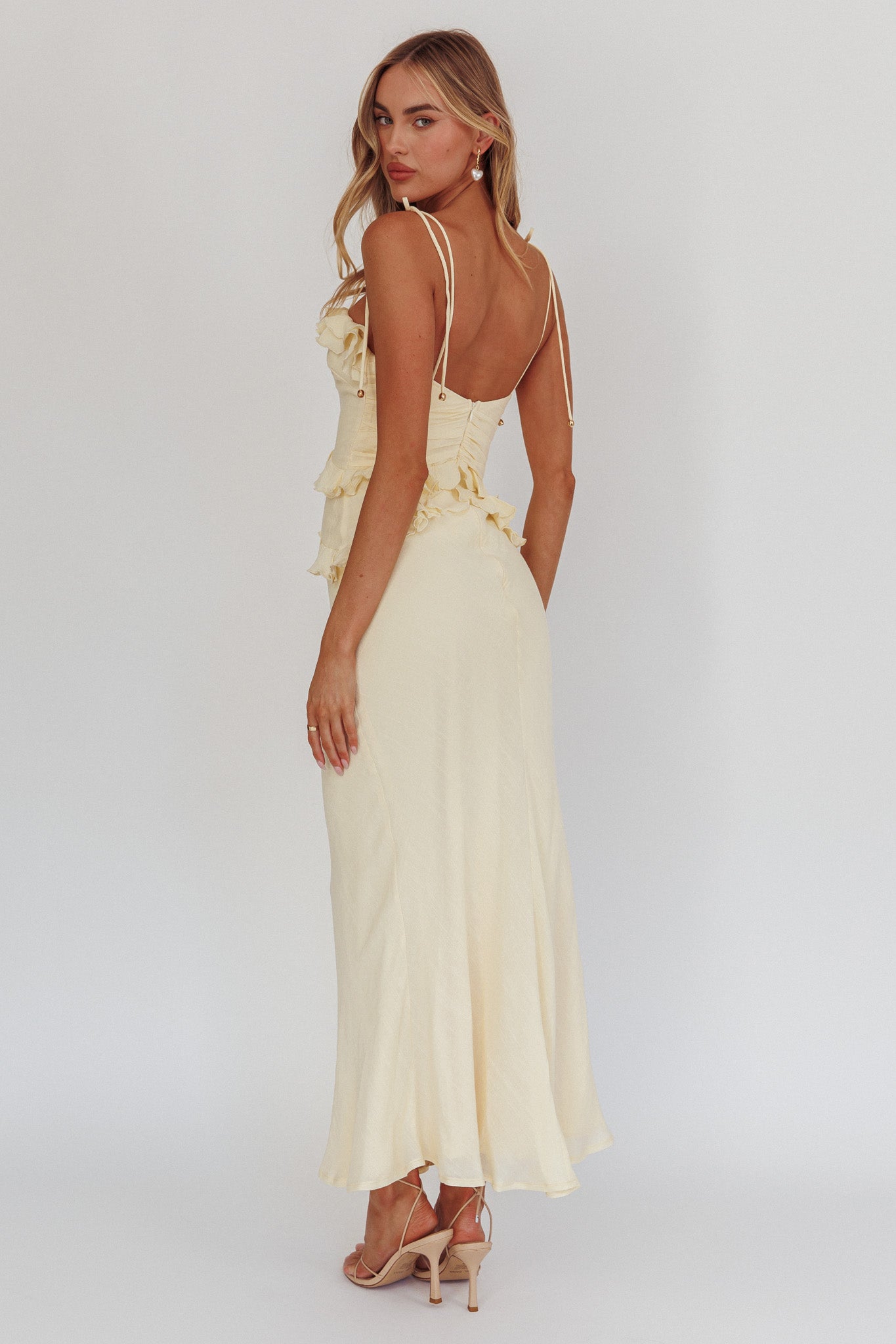 On A Roll Frill Trim Maxi Dress Yellow-Maymioy