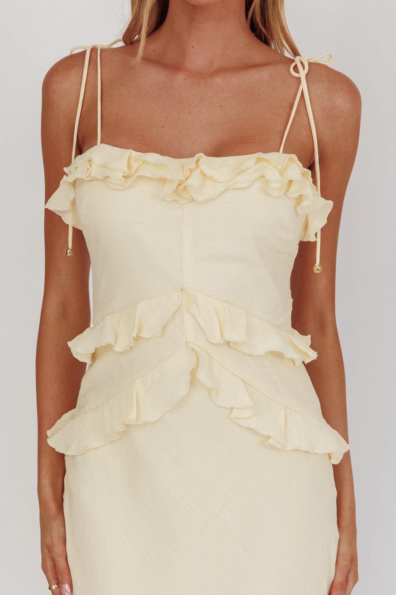 On A Roll Frill Trim Maxi Dress Yellow-Maymioy