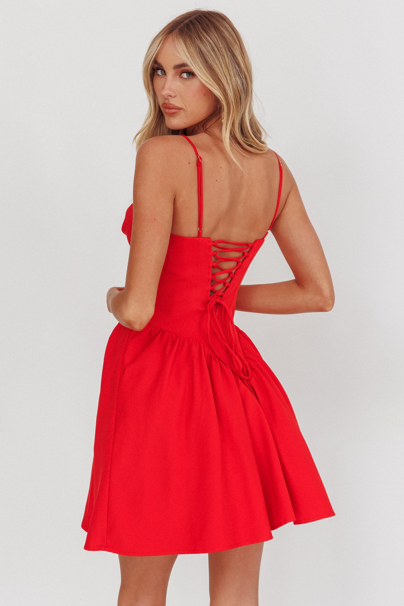 Star Signs Lace-Up Back Mini Dress Red-Maymioy