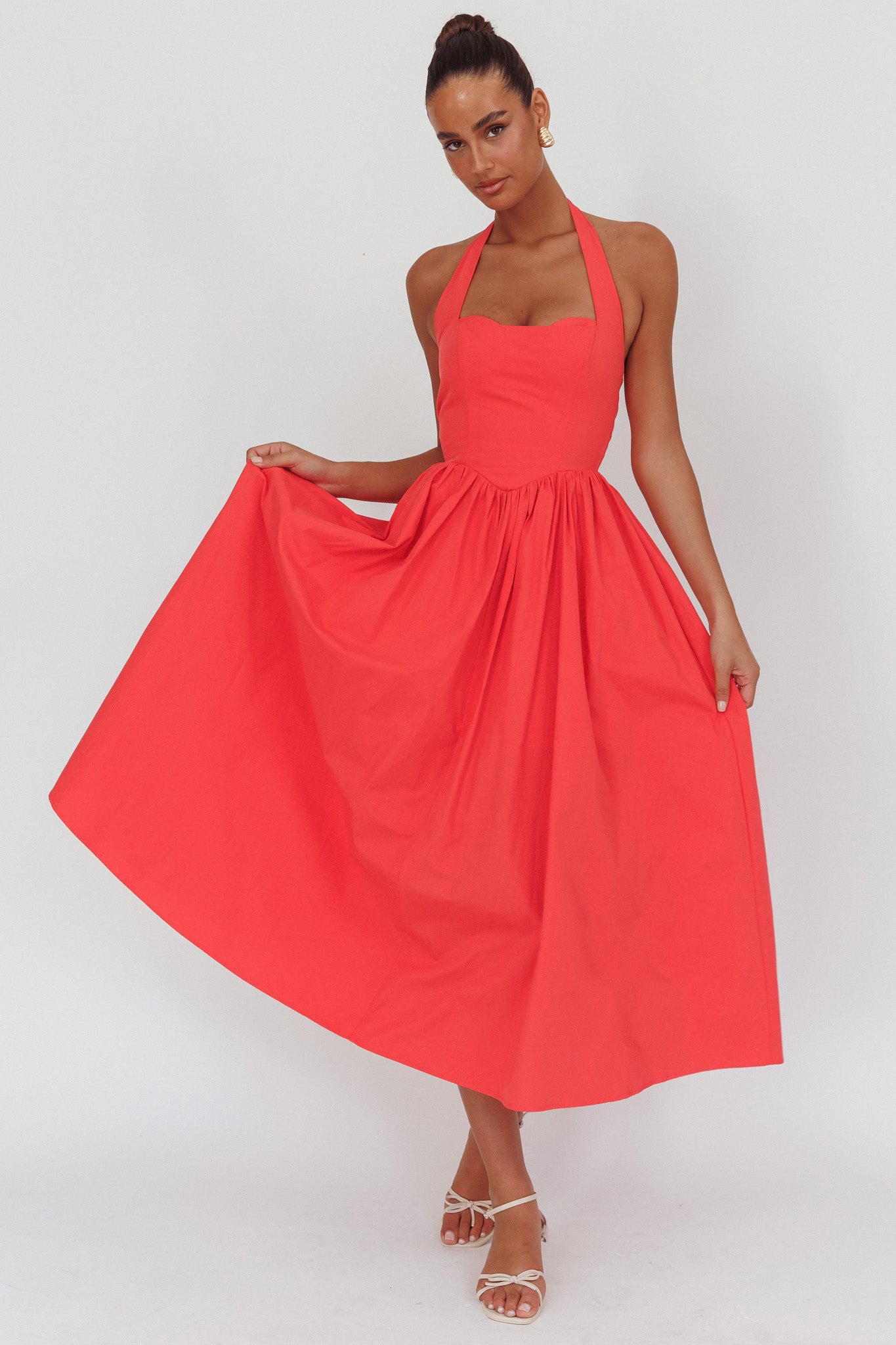 Get My Attention Halterneck Maxi Dress Red-Maymioy