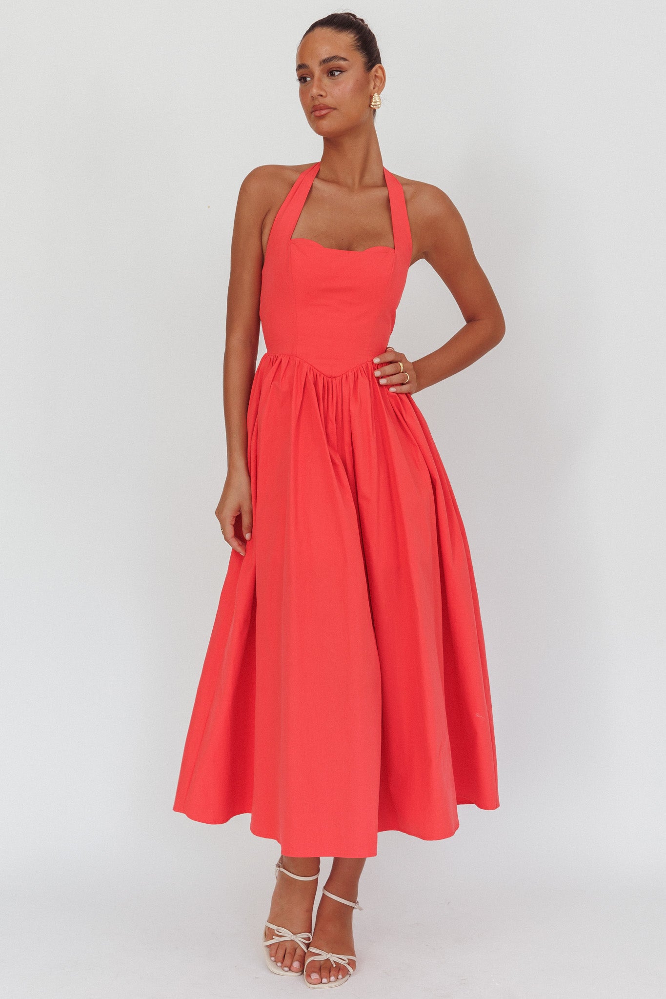 Get My Attention Halterneck Maxi Dress Red-Maymioy