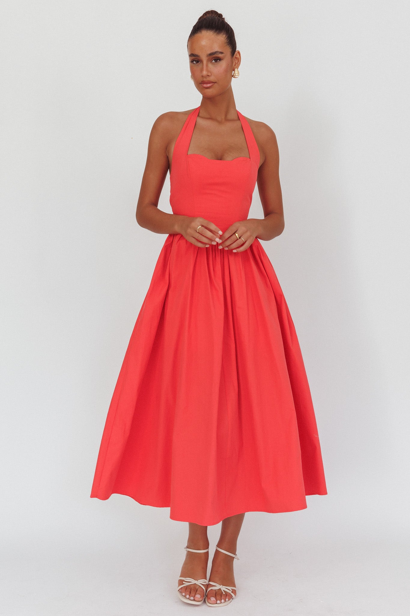 Get My Attention Halterneck Maxi Dress Red-Maymioy