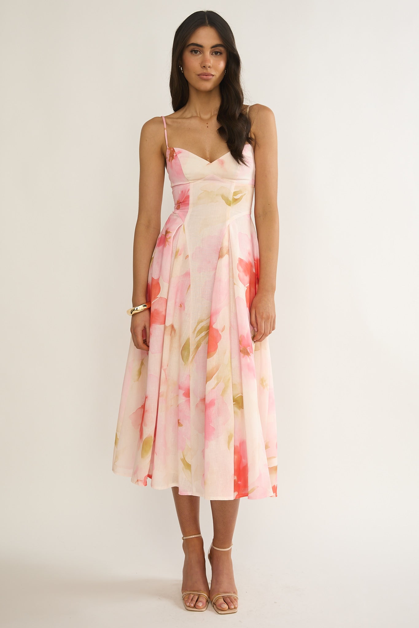 Get My Attention Pleat Waist Midi Dress Floral Pink-Maymioy