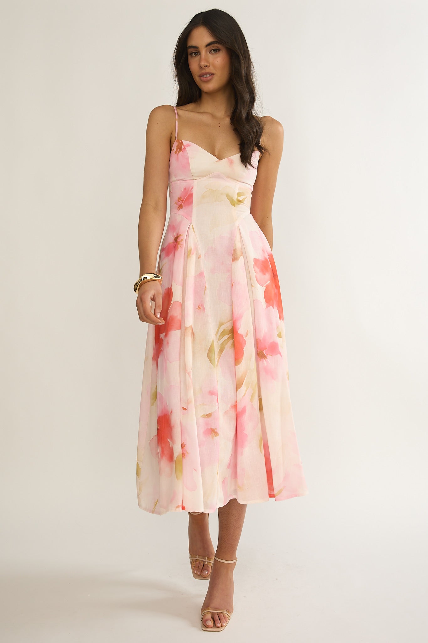 Get My Attention Pleat Waist Midi Dress Floral Pink-Maymioy