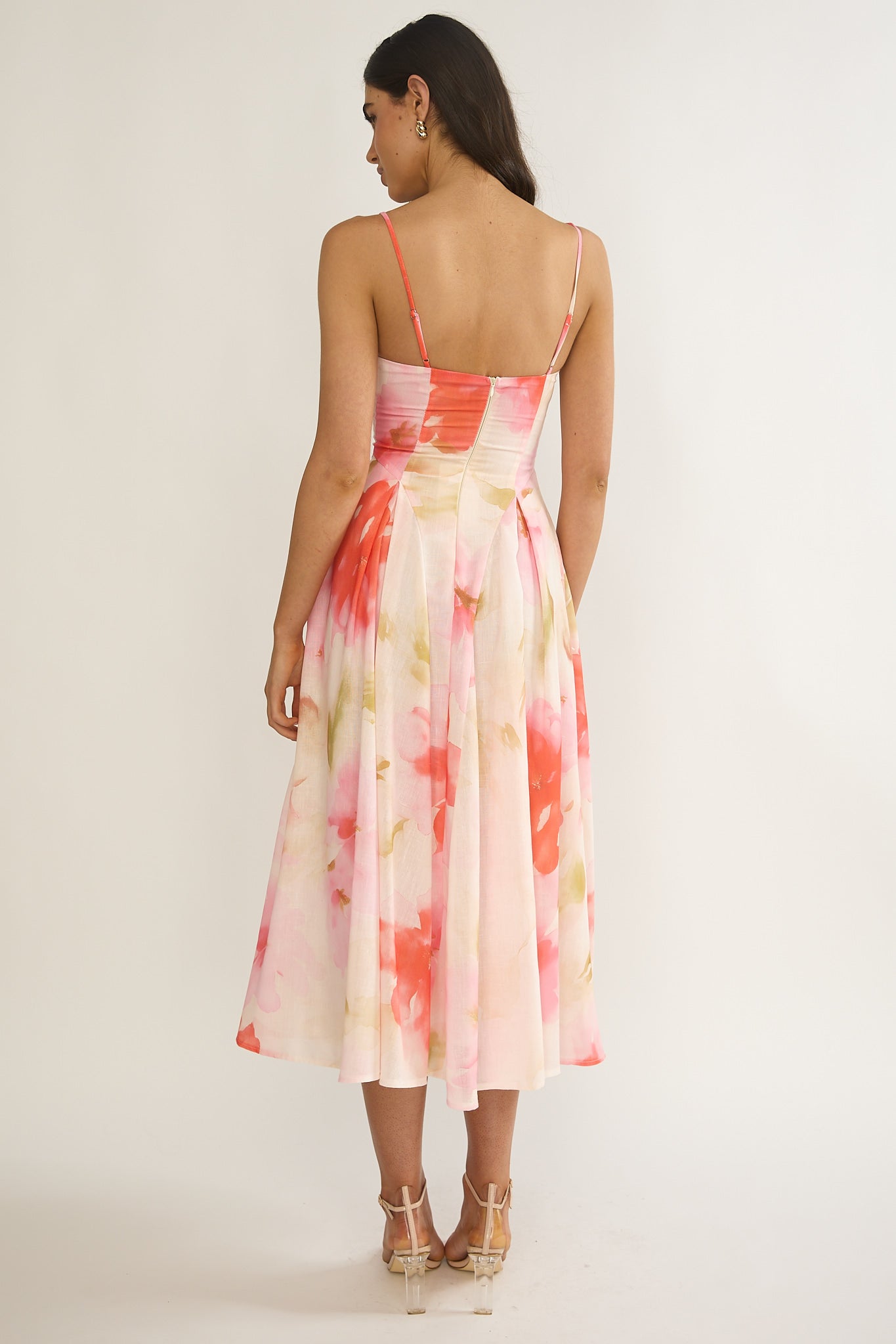 Get My Attention Pleat Waist Midi Dress Floral Pink-Maymioy