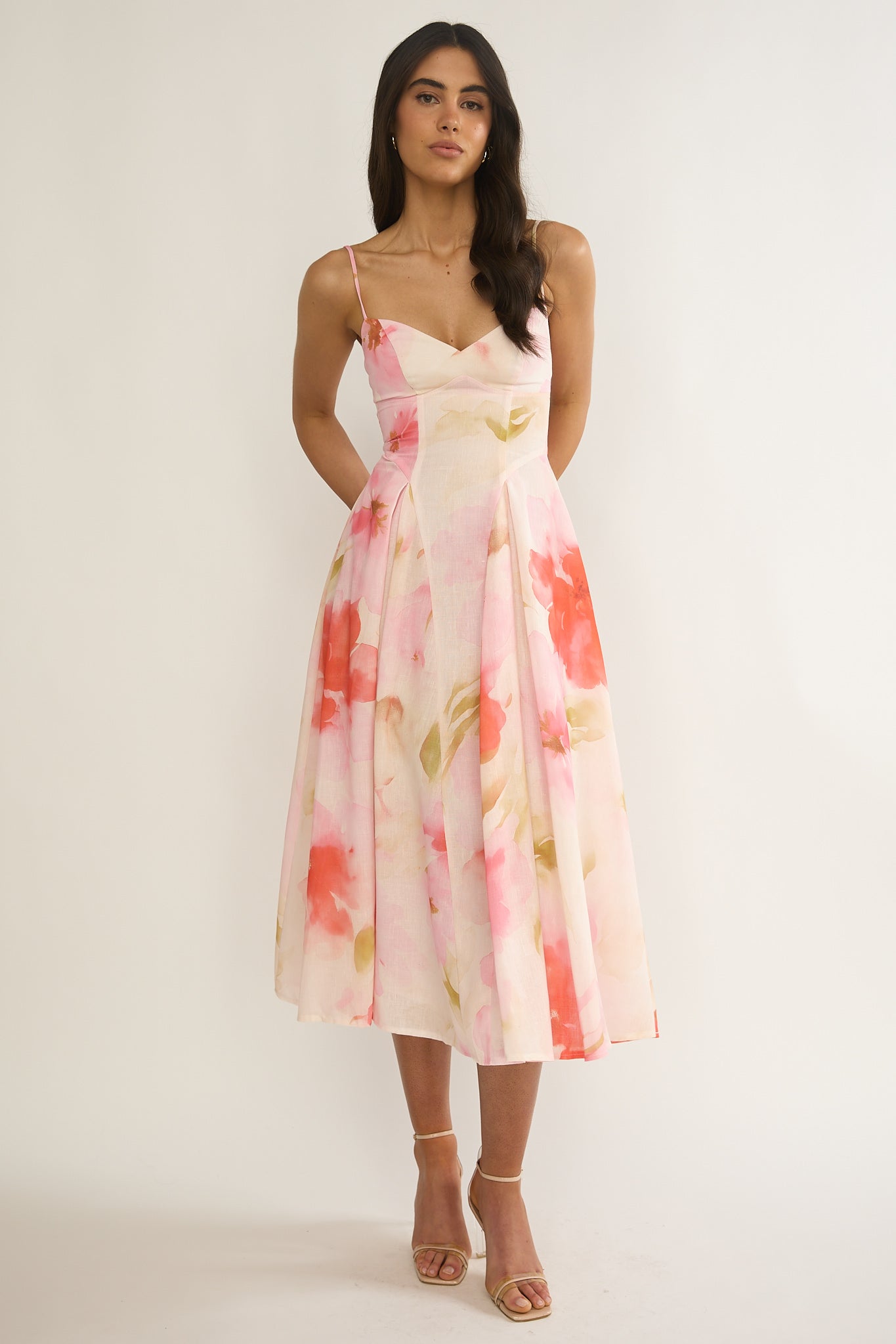 Get My Attention Pleat Waist Midi Dress Floral Pink-Maymioy