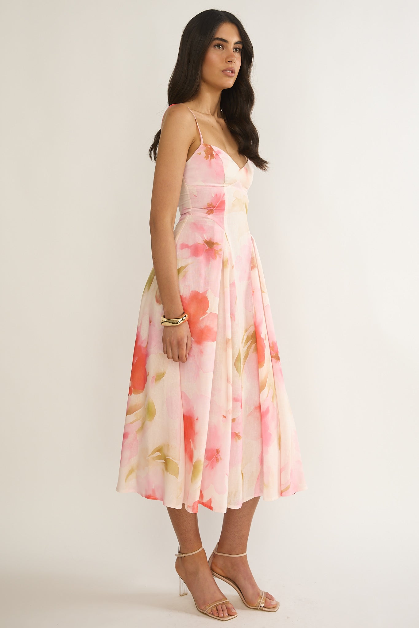 Get My Attention Pleat Waist Midi Dress Floral Pink-Maymioy